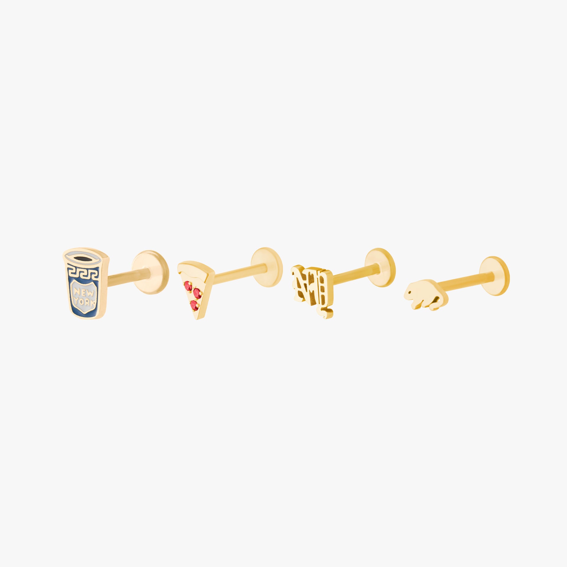 this image shows a set of NYC inspired 14k Yellow Gold Plated flatback studs. There is a blue coffee cup, pizza, NY, and a rat flatback included.