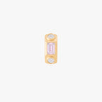 this image shows a front view of a 14k gold plated huggie with three cz stones. one pink and two clear 