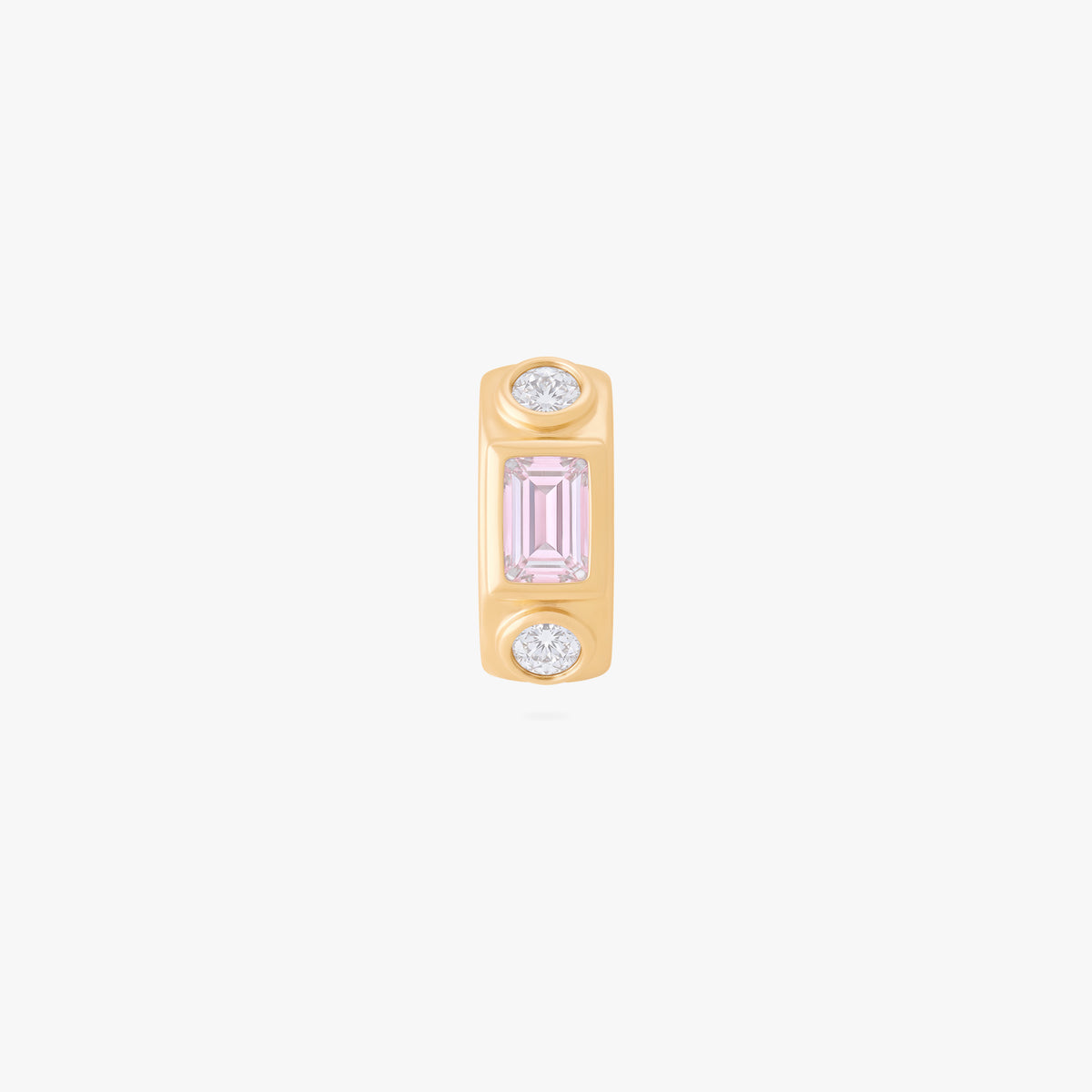 this image shows a front view of a 14k gold plated huggie with three cz stones. one pink and two clear 