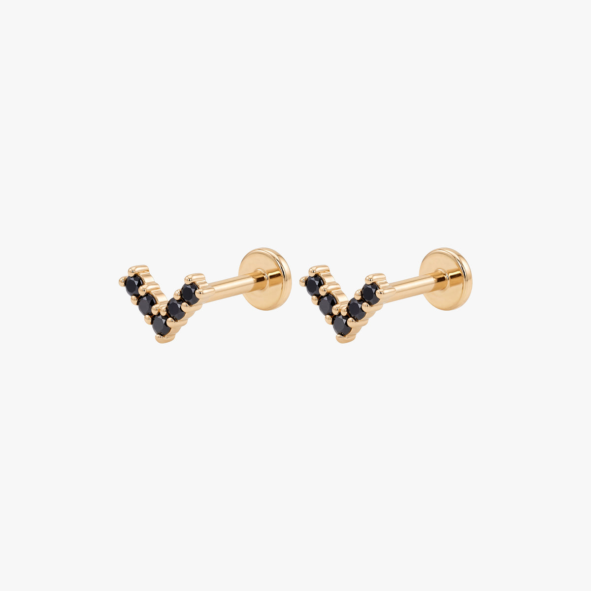 this image shows the side view of a pair of the 14k pave v flatback with black cz stones 
