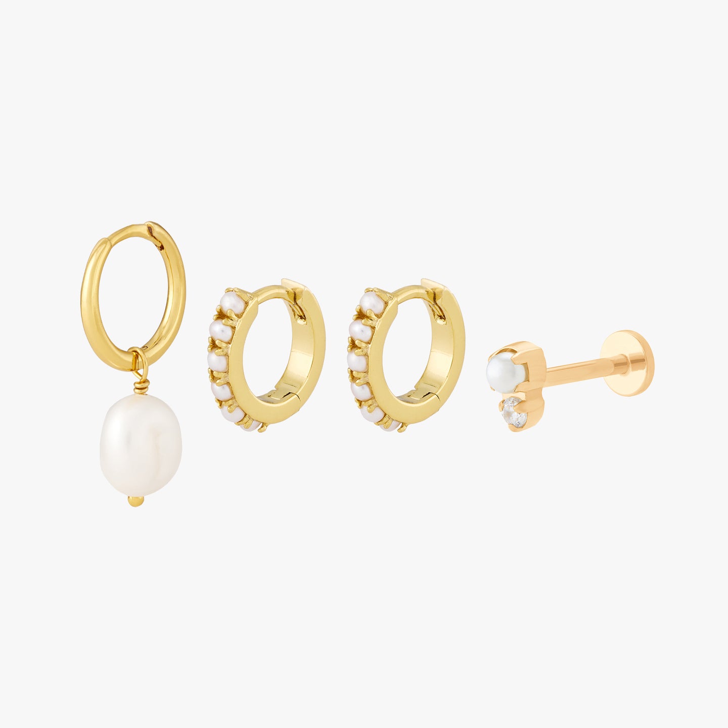 gold set of pearl huggies, dangle, and flatback color:null|gold/pearl