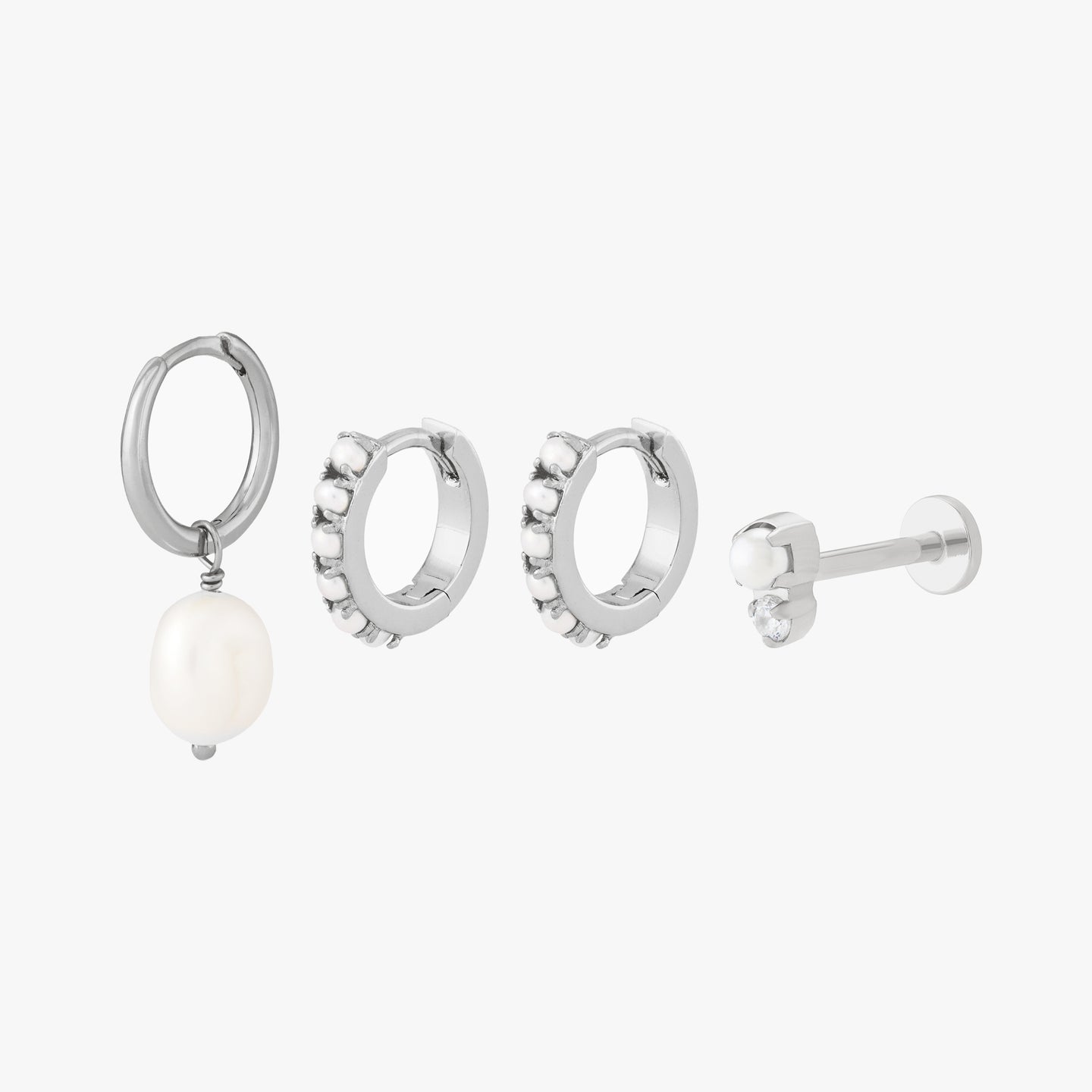 silver set of pearl huggies, dangle, and flatback color:null|silver/pearl