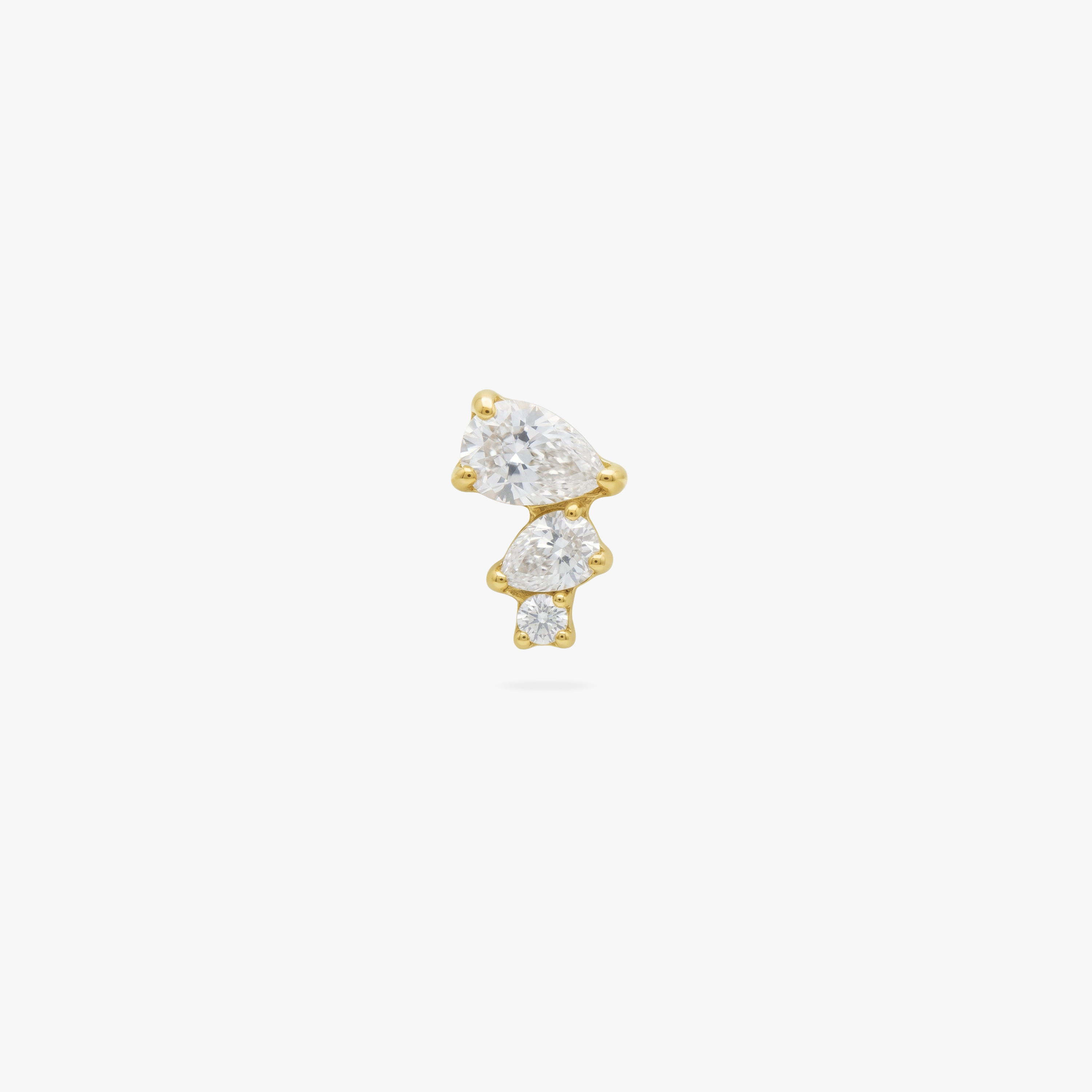 This is an image of a gold toned flatback stud with clear, pear cut CZs in a cluster.