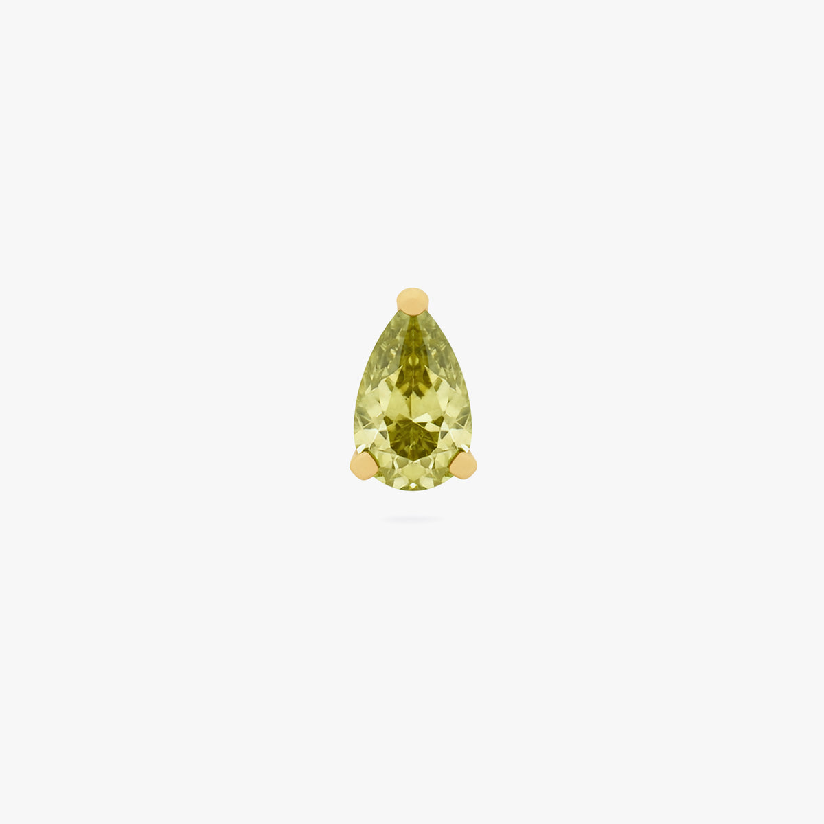 this image shows a front view of a Golden Titanium pear flatback with a green cz stone. 