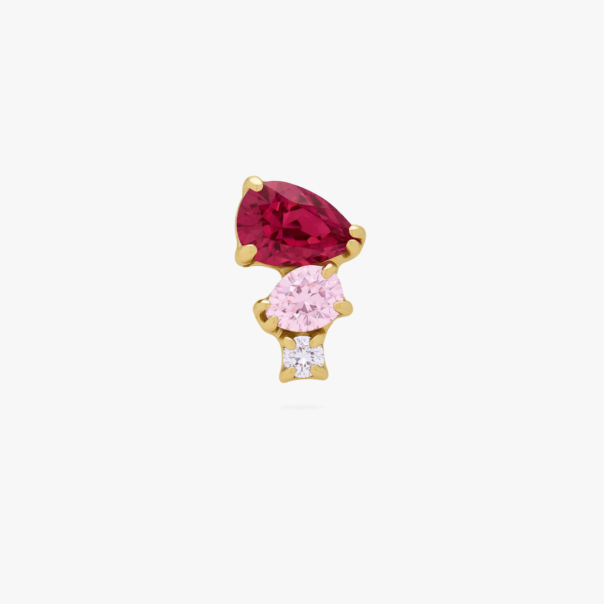 This is an image of the front view of the golden ti pear cluster flatback. the earring has three pear cluster cz. The top is red, middle stone is light pink and the bottom is clear.