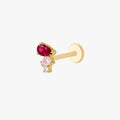This is an image of the sidee view of the golden ti pear cluster flatback. the earring has three pear cluster cz. The top is red, middle stone is light pink and the bottom is clear.