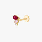 This is an image of the sidee view of the golden ti pear cluster flatback. the earring has three pear cluster cz. The top is red, middle stone is light pink and the bottom is clear.