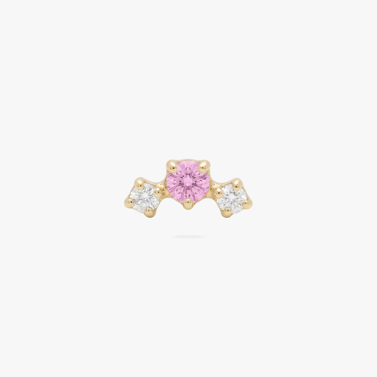 this image shows the front view of a  gold plated micro cluster flatbacks with two clear and one pink cz stones