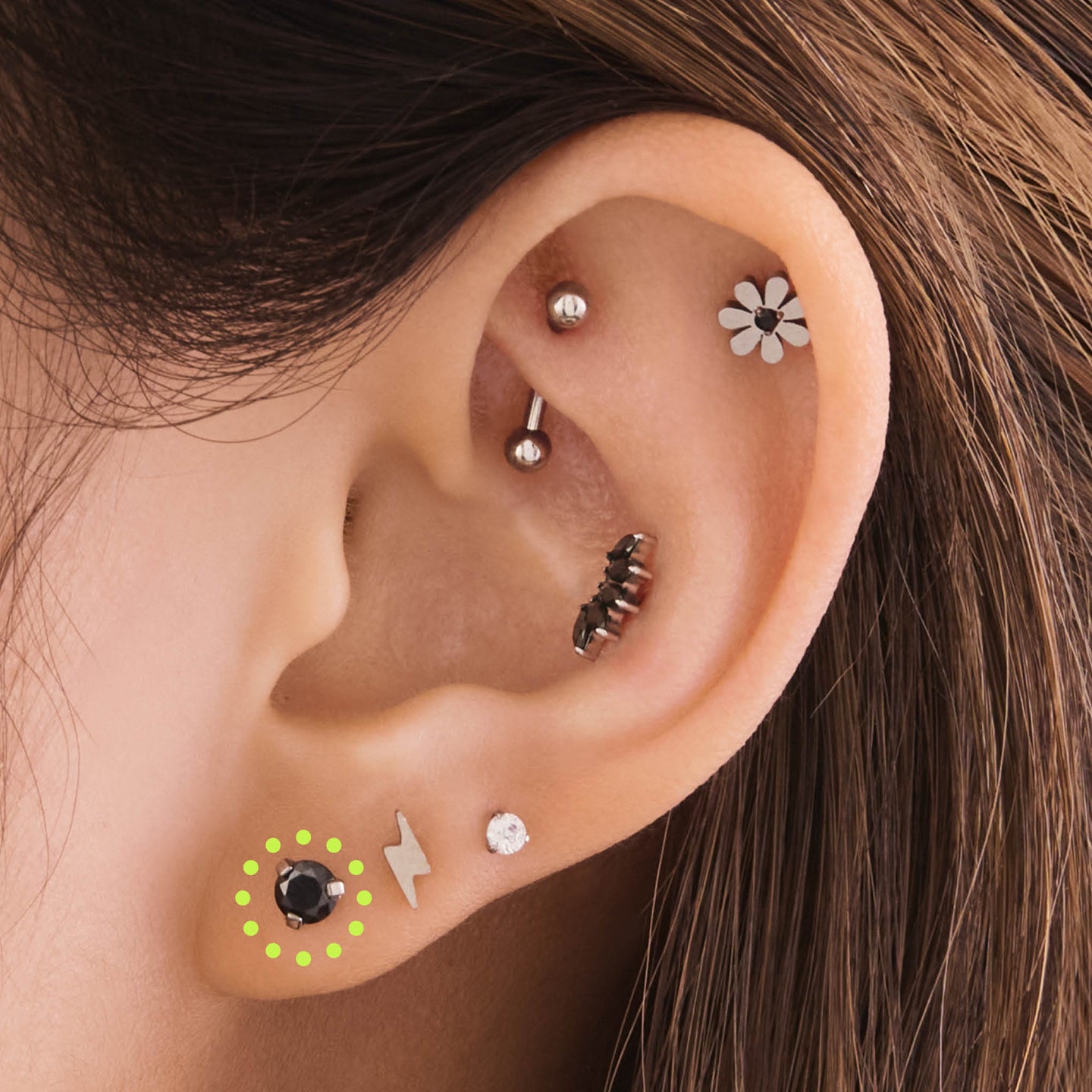 on ear featuring a titanium cz flatback stud with a 4mm black cz stone [hover] color:null|silver/black