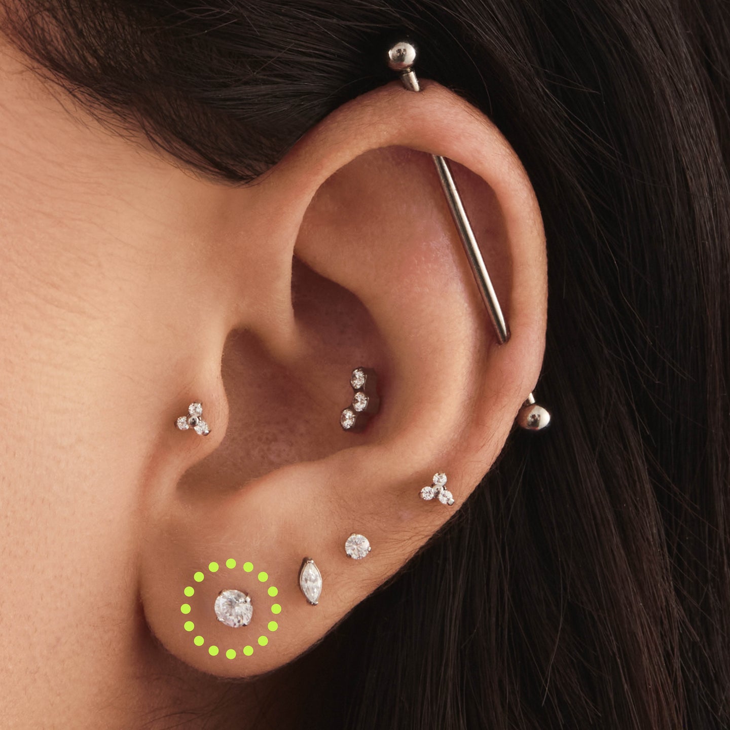 on ear featuring a titanium cz flatback stud with a 4mm clear cz stone [hover] color:null|silver/clear