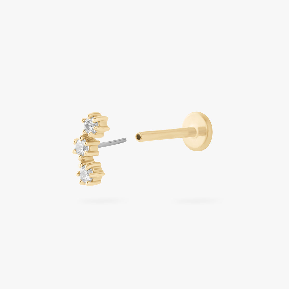 14k flatback stud with 3 clear cz stones in a cluster shape color:null|gold/clear