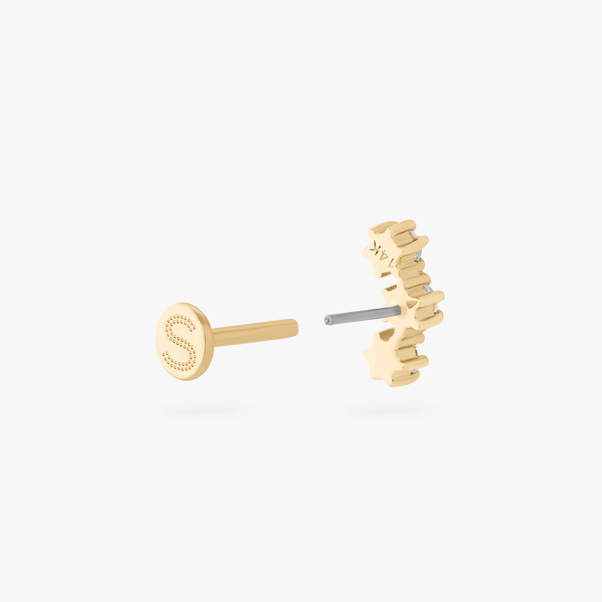14k flatback stud with 3 clear cz stones in a cluster shape color:null|gold/clear