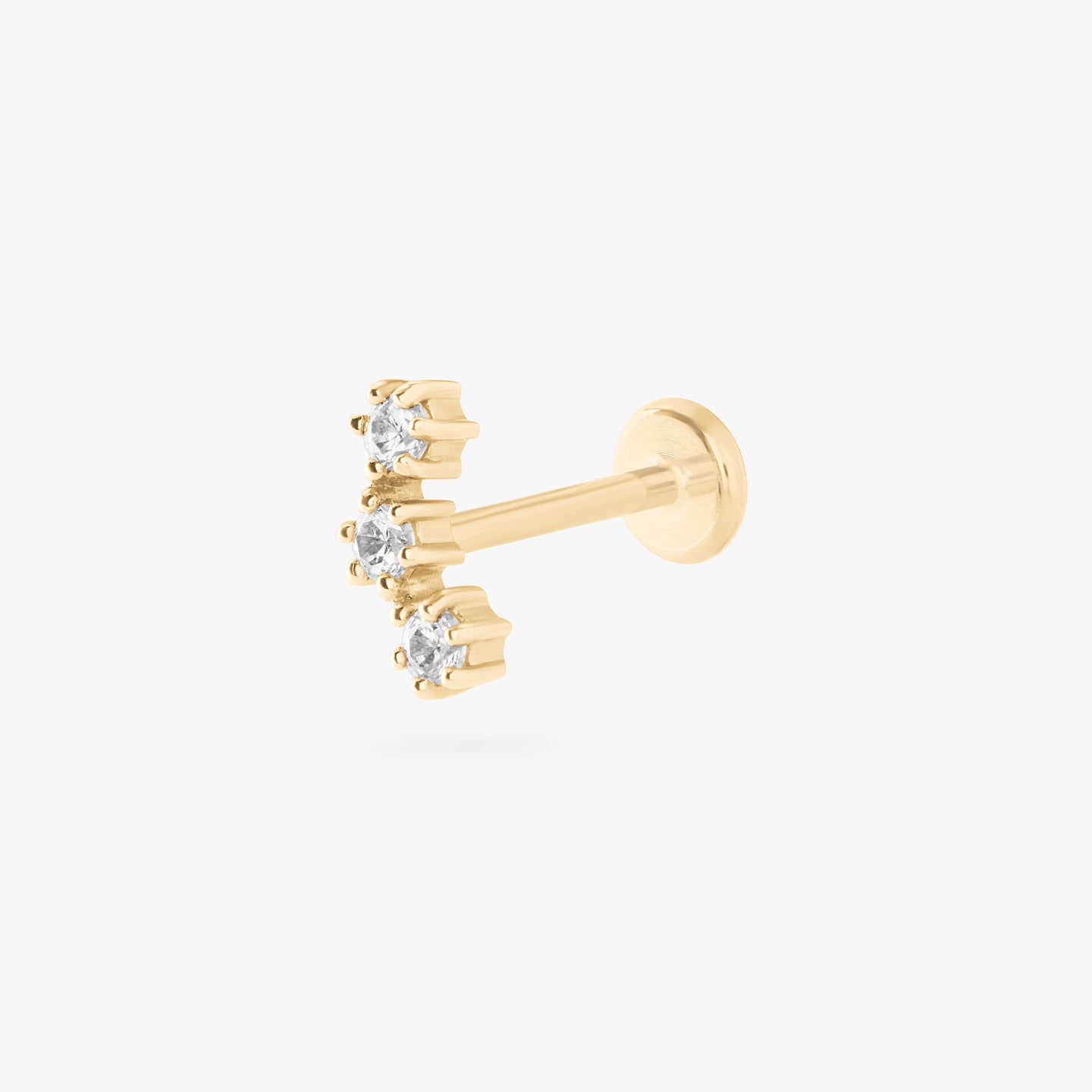 14k flatback stud with 3 clear cz stones in a cluster shape color:null|gold/clear