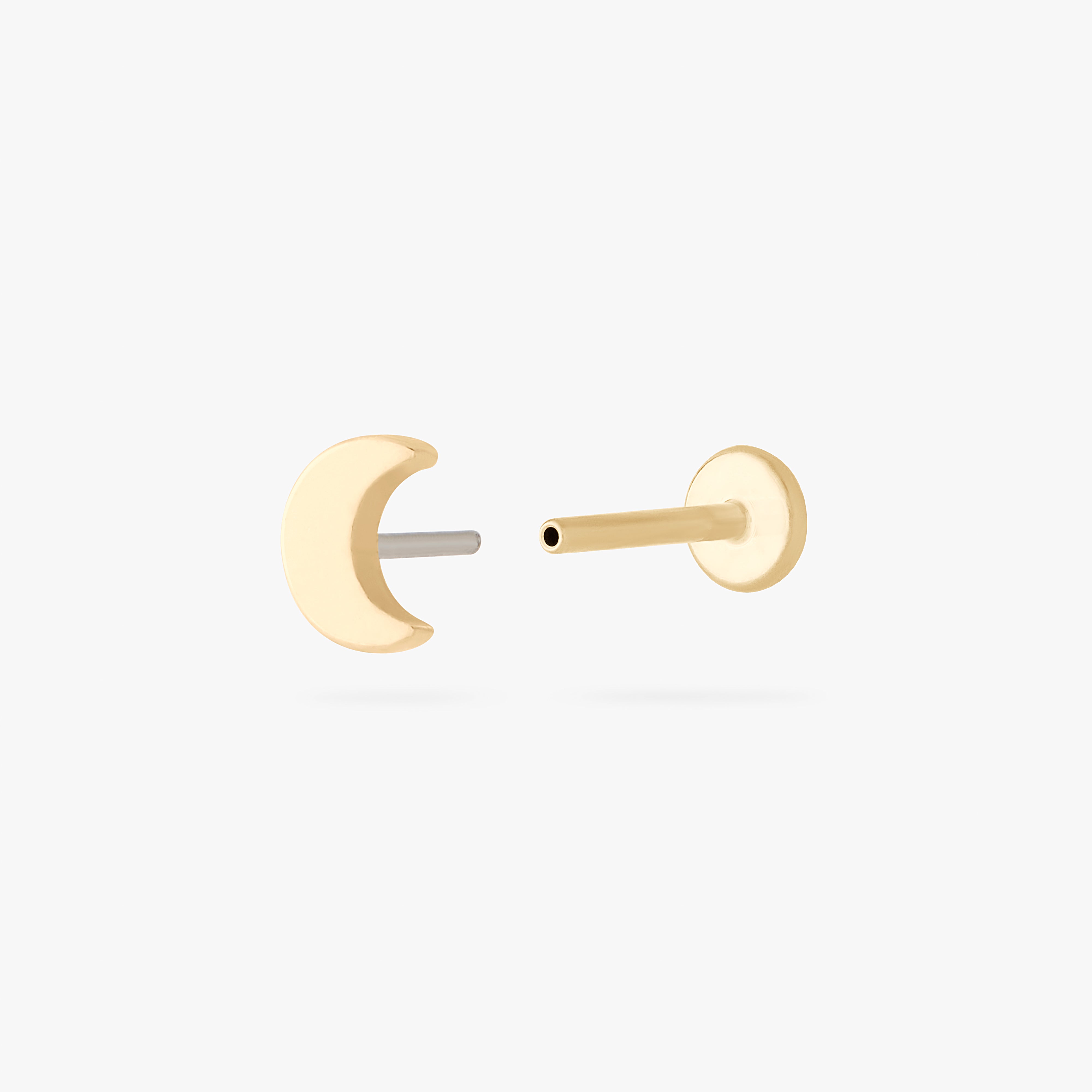 This is an image of a 14k gold flatback stud in the shape of a moon color:null|14k gold