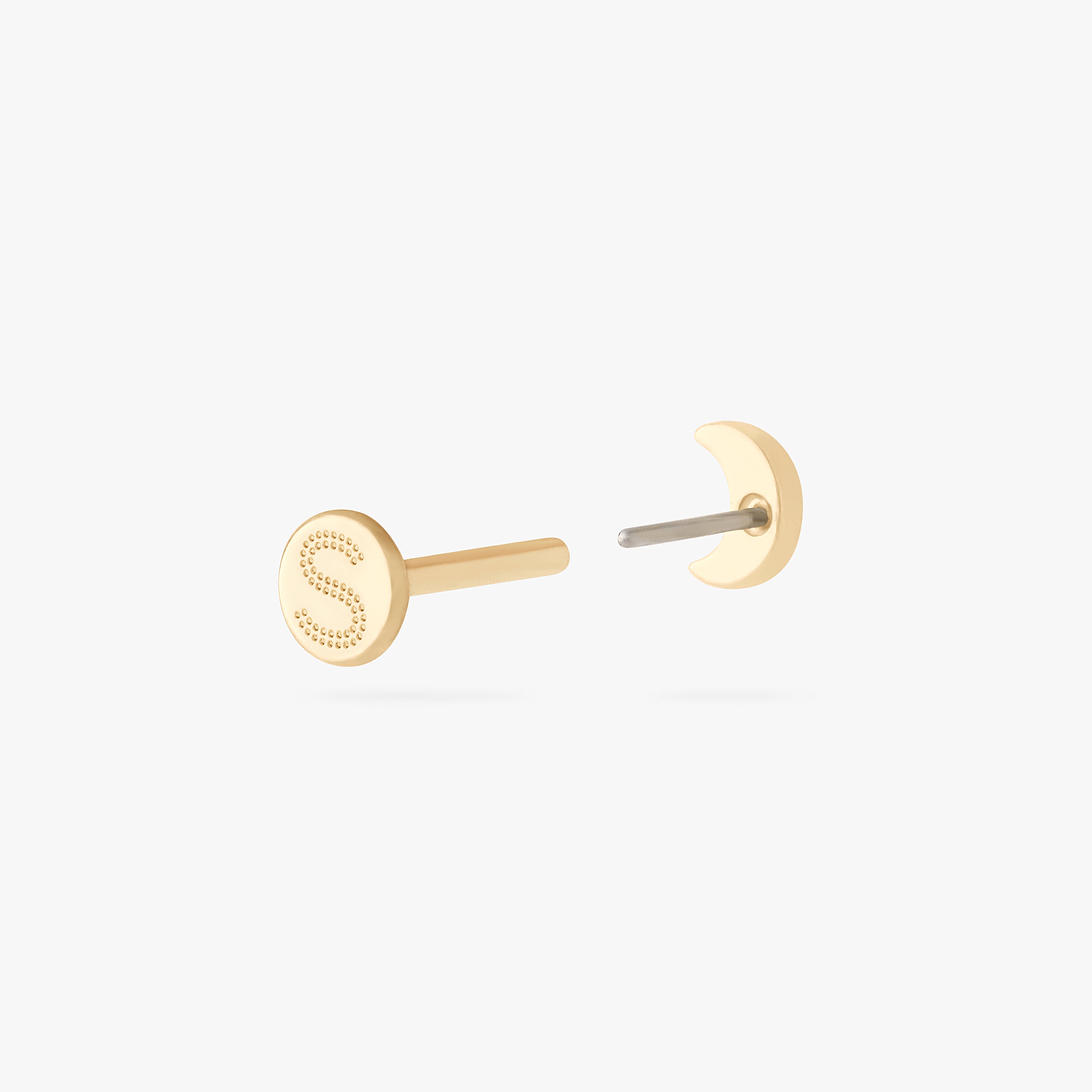 This is an image of a 14k gold flatback stud in the shape of a moon color:null|14k gold