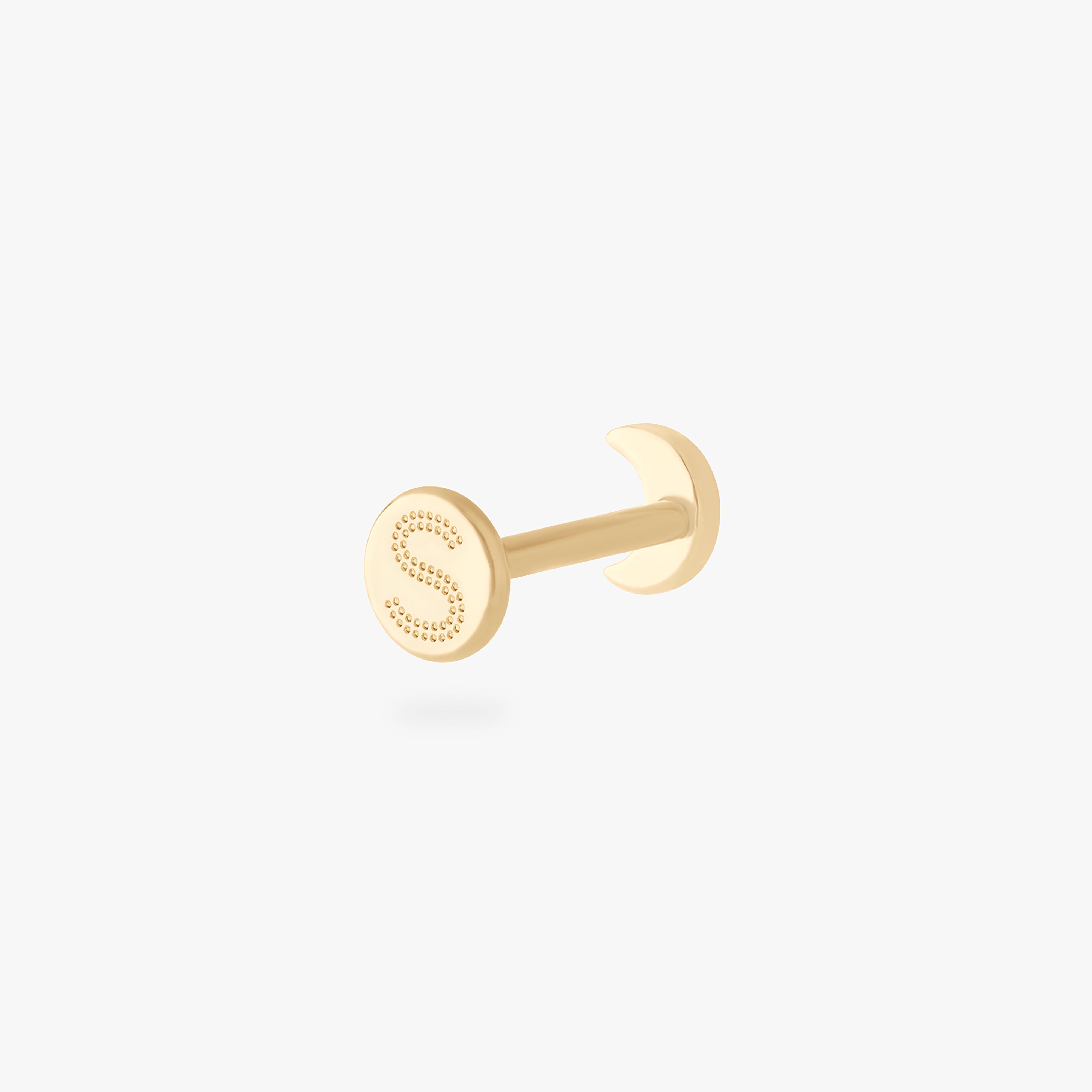 This is an image of a 14k gold flatback stud in the shape of a moon color:null|14k gold