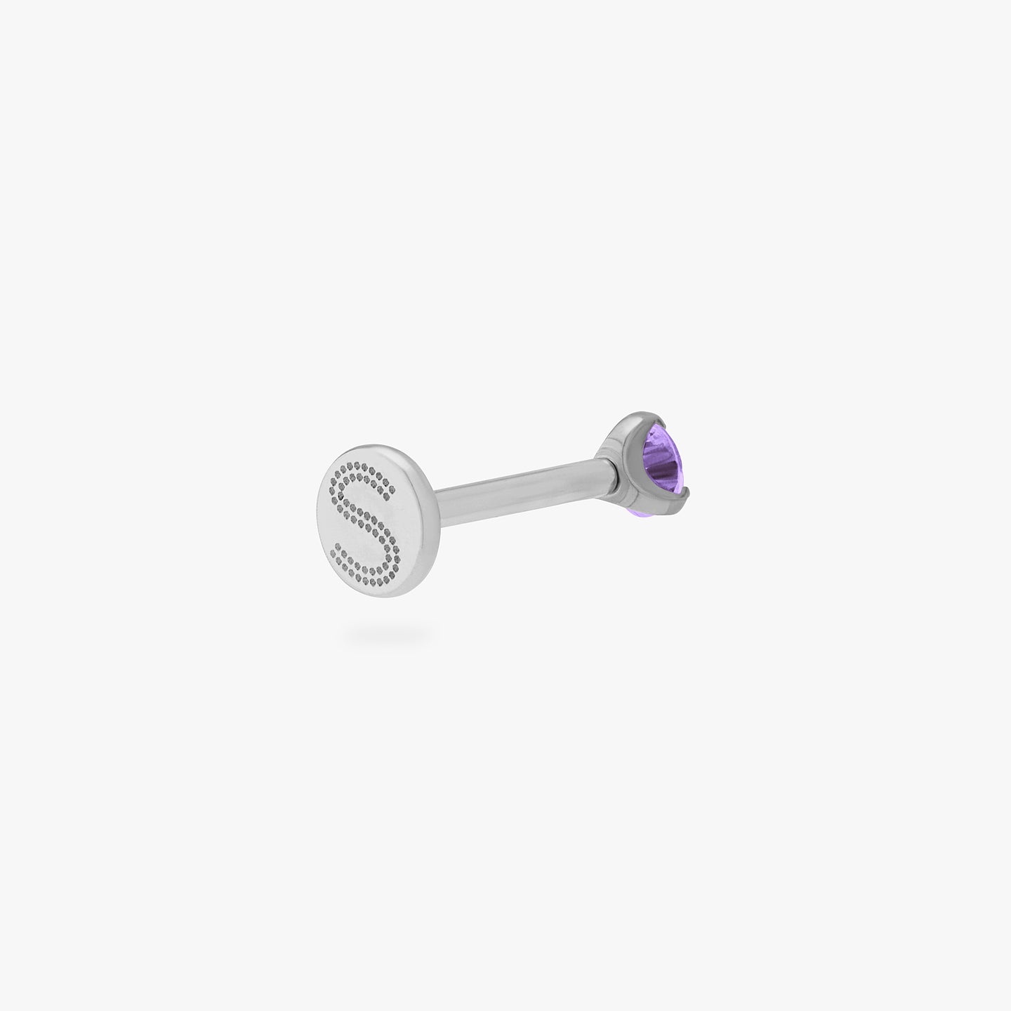 This is a silver toned titanium flatback stud with an amethyst mini cz stone. color:null|amethyst