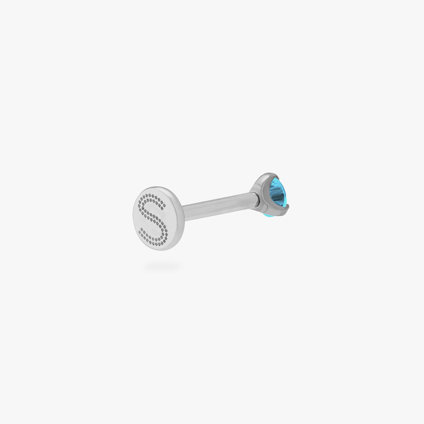 This is a silver toned titanium flatback stud with an aquamarine mini cz stone. color:null|aquamarine