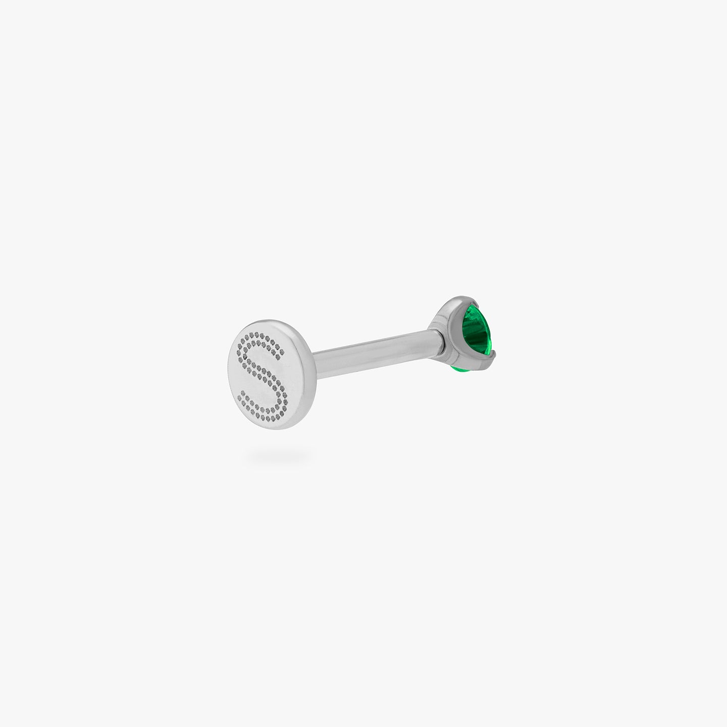 This is a silver toned titanium flatback stud with an emerald mini cz stone. color:null|emerald