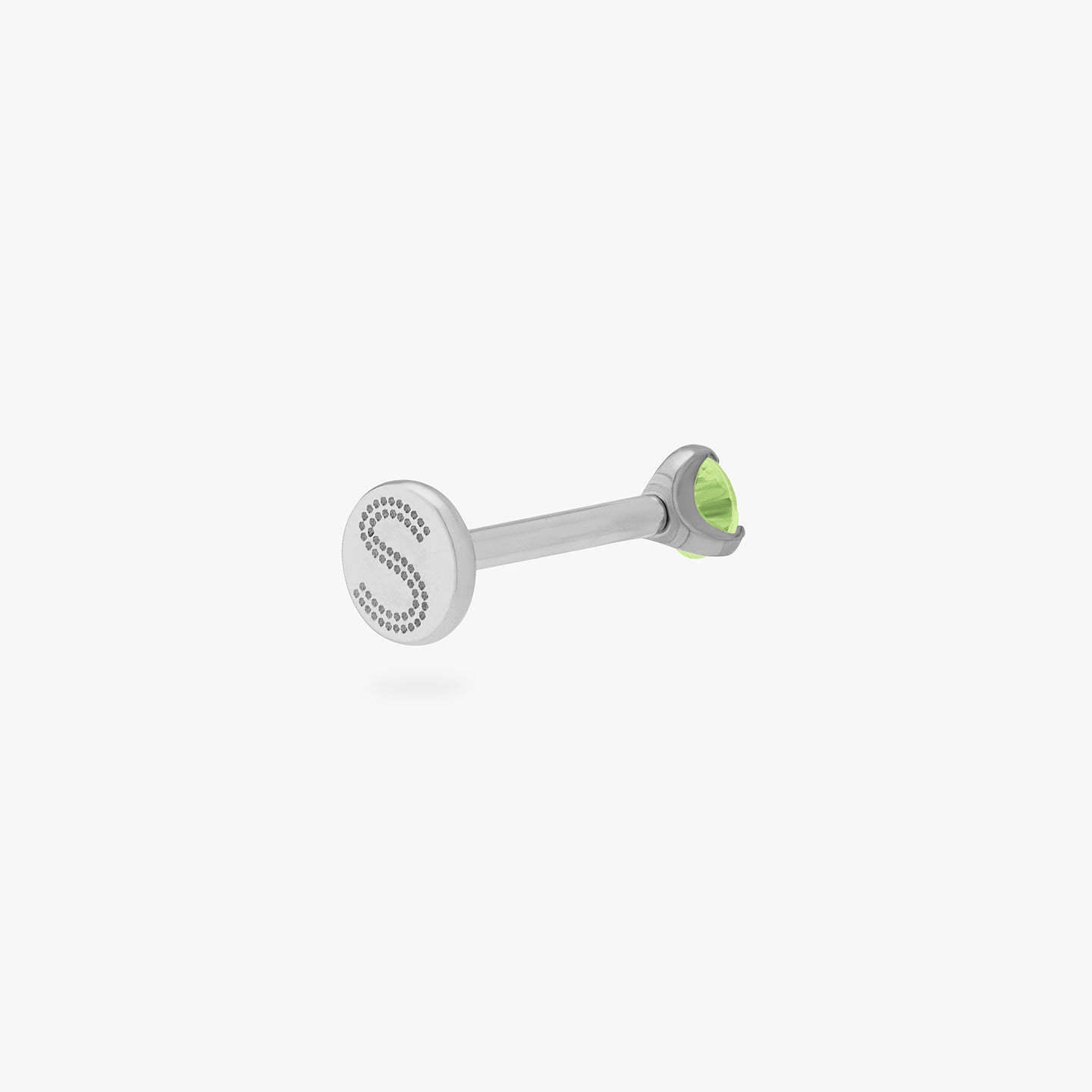 This is a silver toned titanium flatback stud with a mini peridot cz stone. color:null|peridot