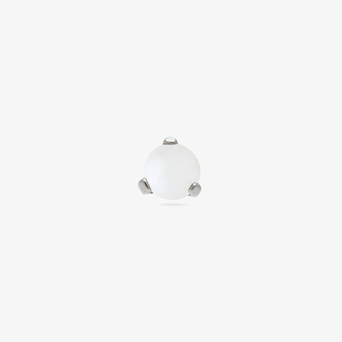 This image is a silver toned titanium flatback stud with a pearl stone against a white background.