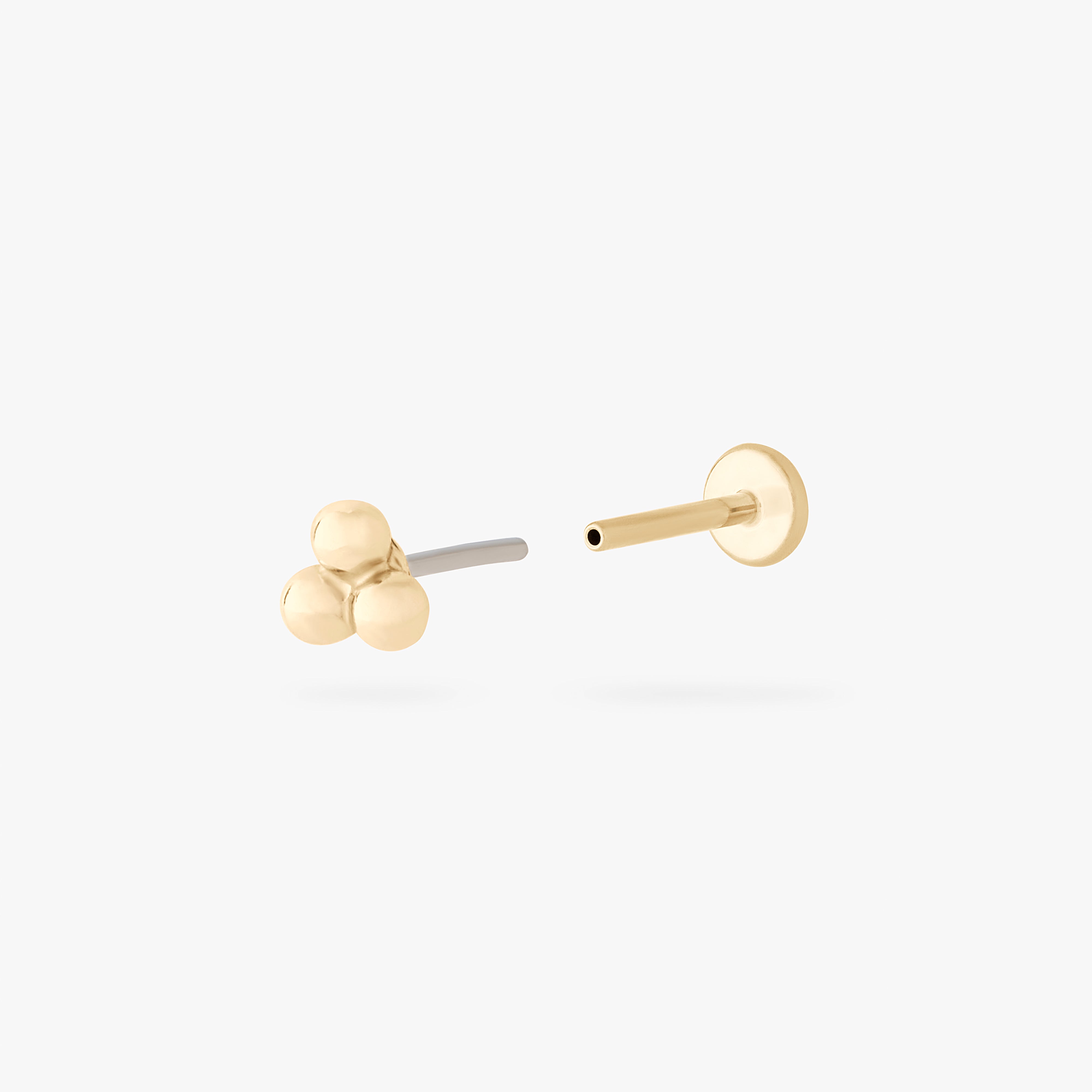 This is an image of a 14k gold flatback stud with 3 gold beads creating a triangle shape. color:null|14k gold