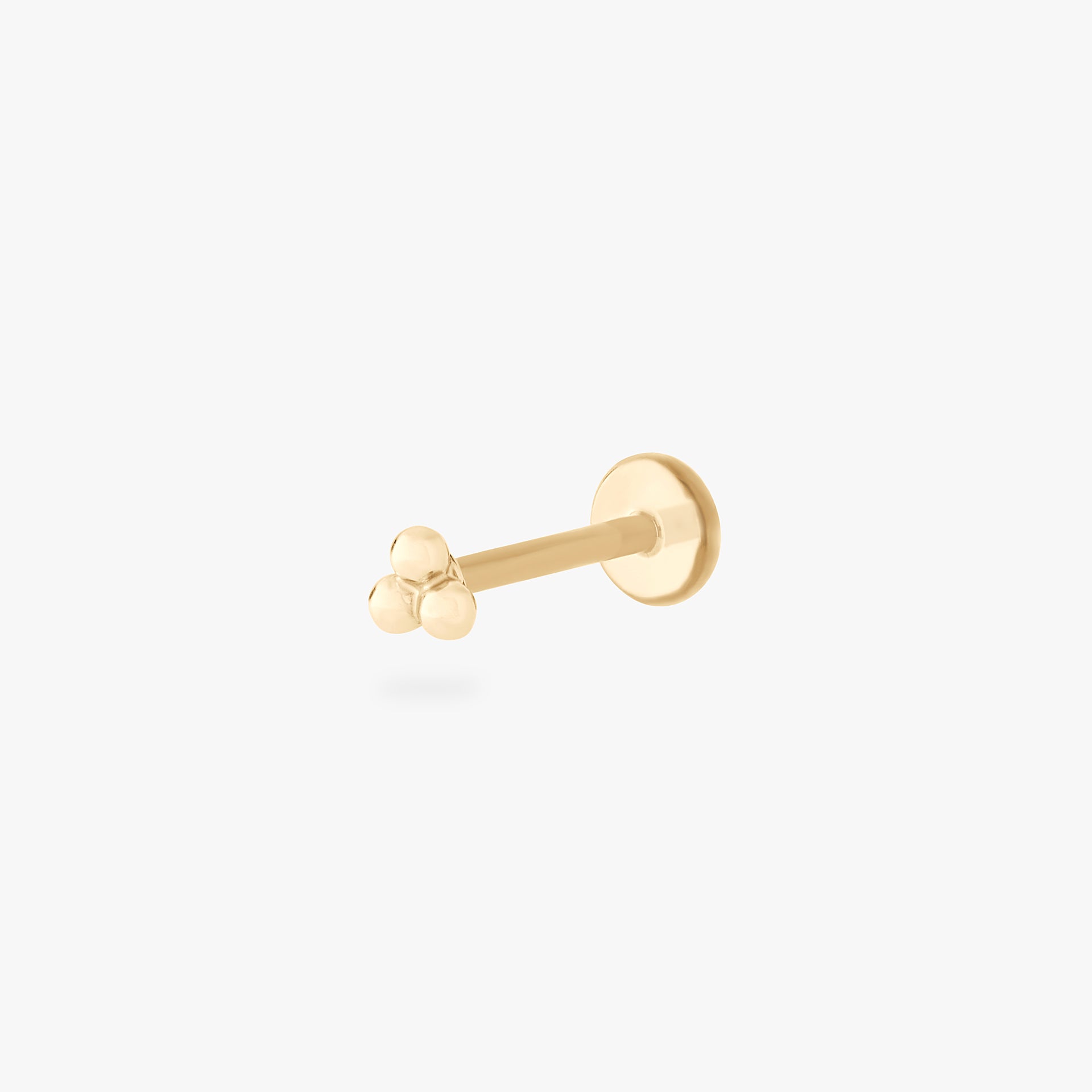 This is an image of a 14k gold flatback stud with 3 gold beads creating a triangle shape. color:null|14k gold