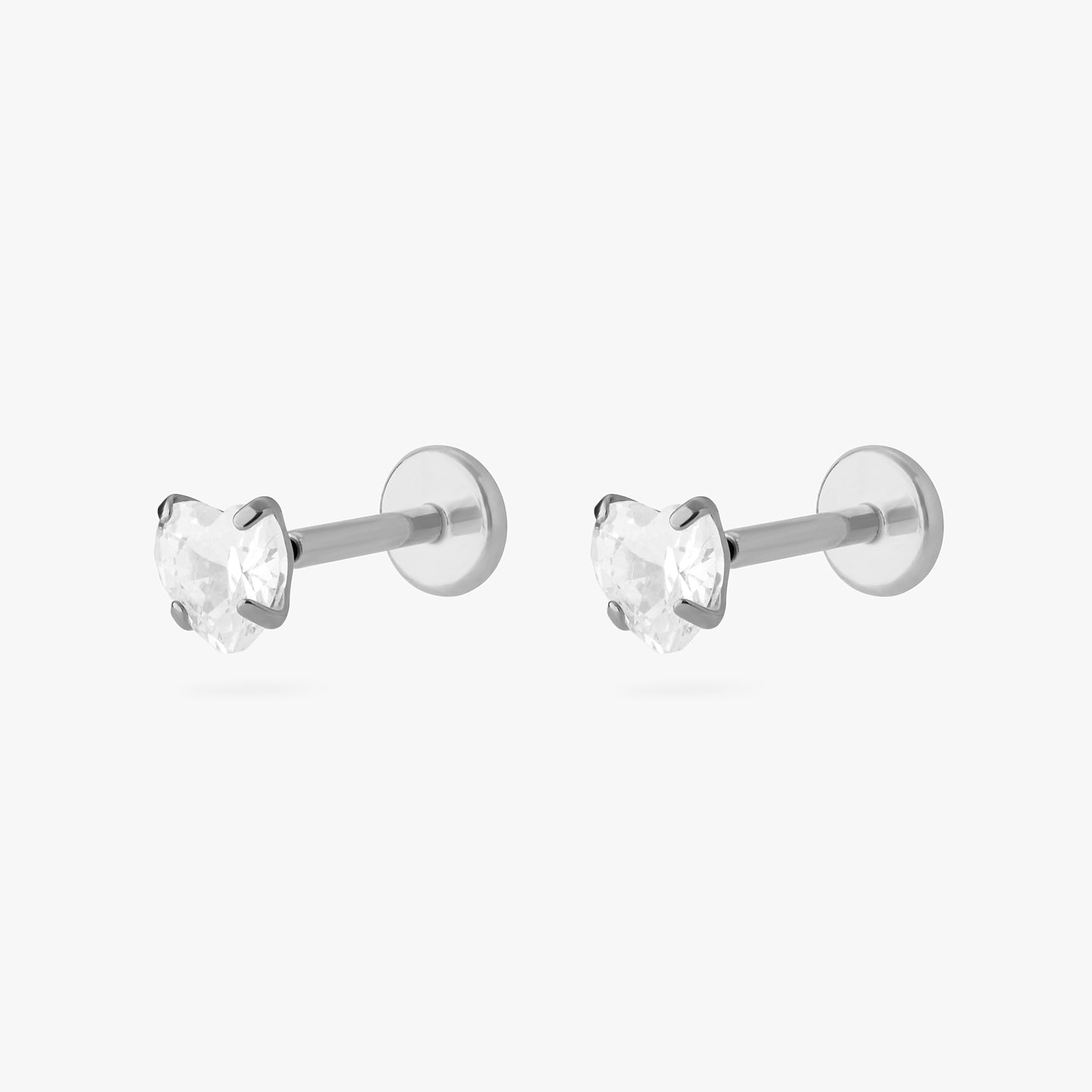 titanium cz heart flatback stud in silver with a clear stone [pair] color:null|silver/clear