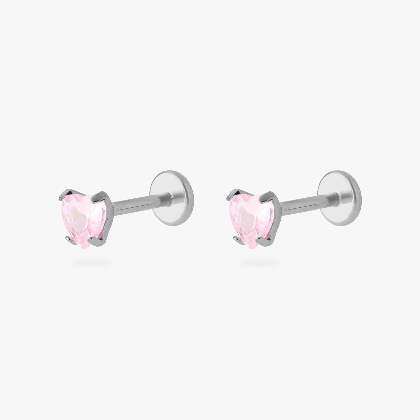 titanium cz heart flatback stud in silver with a pink stone [pair] color:null|silver/pink