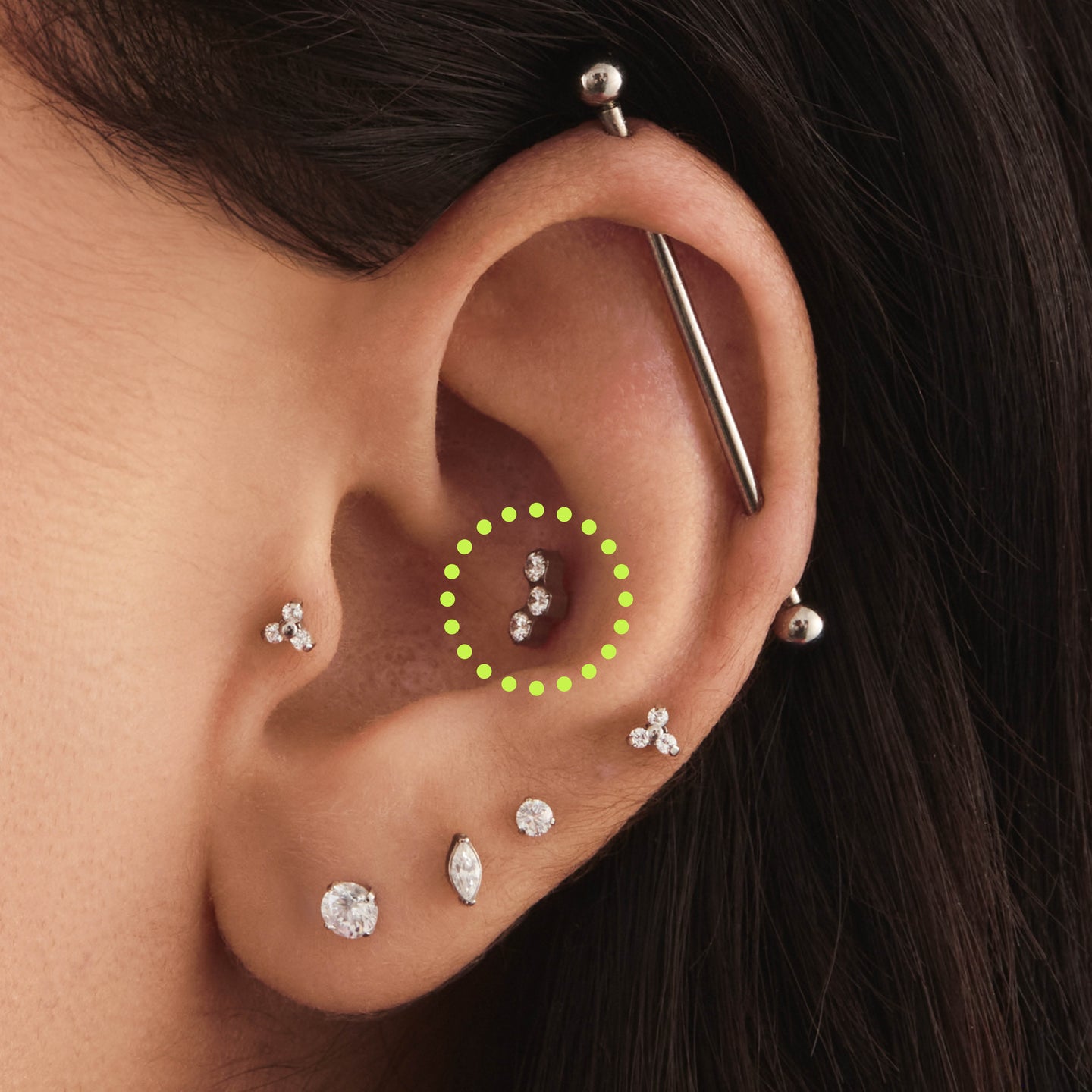 on ear featuring a titanium cluster flatback of clear cz stones [hover] color:null|silver/clear