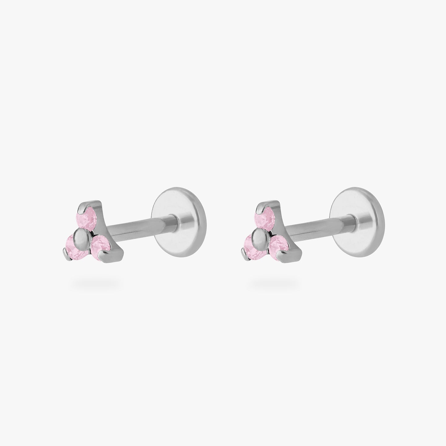 flatback trio of 3 pink cz studs set in titanium [pair] color:null|silver/pink