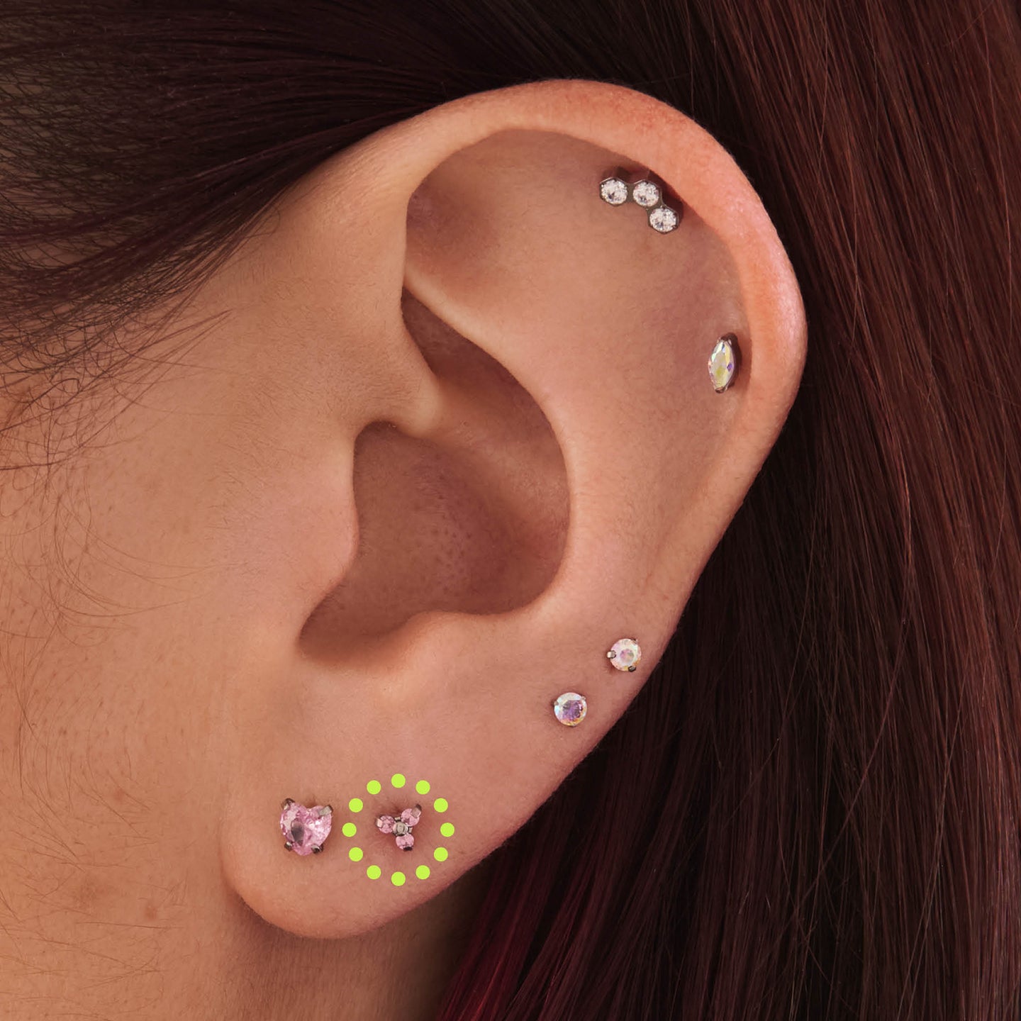 flatback trio of 3 pink cz studs set in titanium [hover] color:null|silver/pink