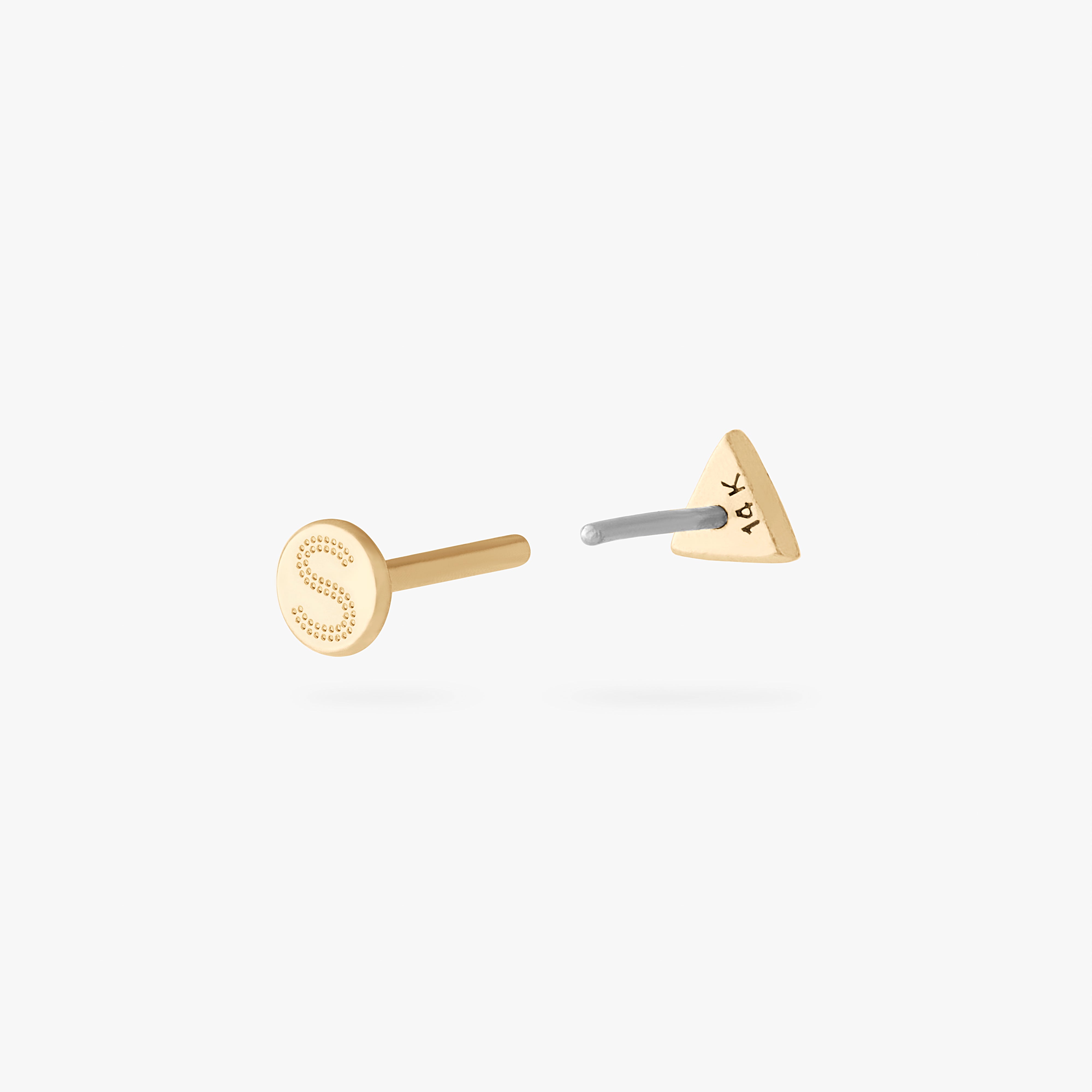 This is an image of a 14k gold flatback stud that is a solid gold triangle shape. color:null|14k gold