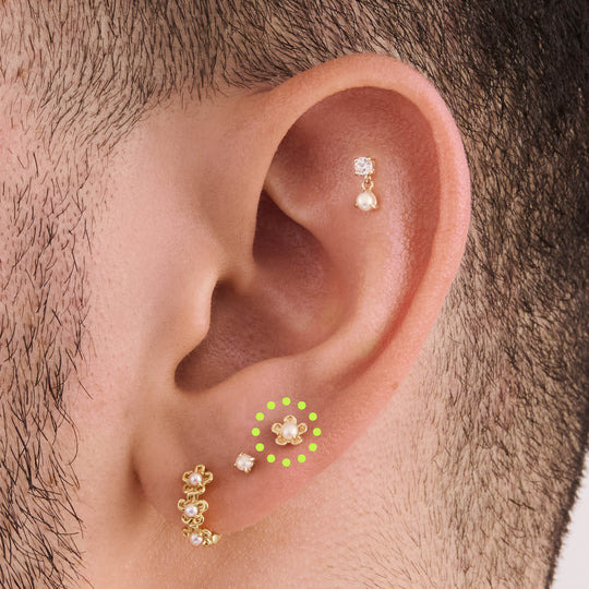 on ear featuring a 14k daisy flatback with a freshwater pearl center