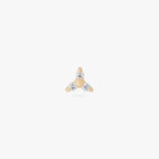 This image is a 14K gold flatback stud with a gold center and three crystal CZ stones forming a triangle against a white background. 