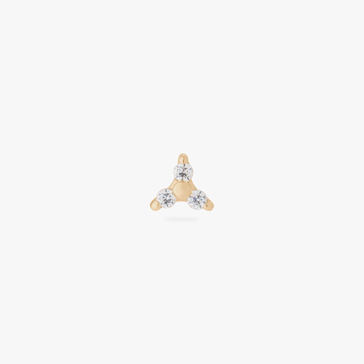 This image is a 14K gold flatback stud with a gold center and three crystal CZ stones forming a triangle against a white background. 