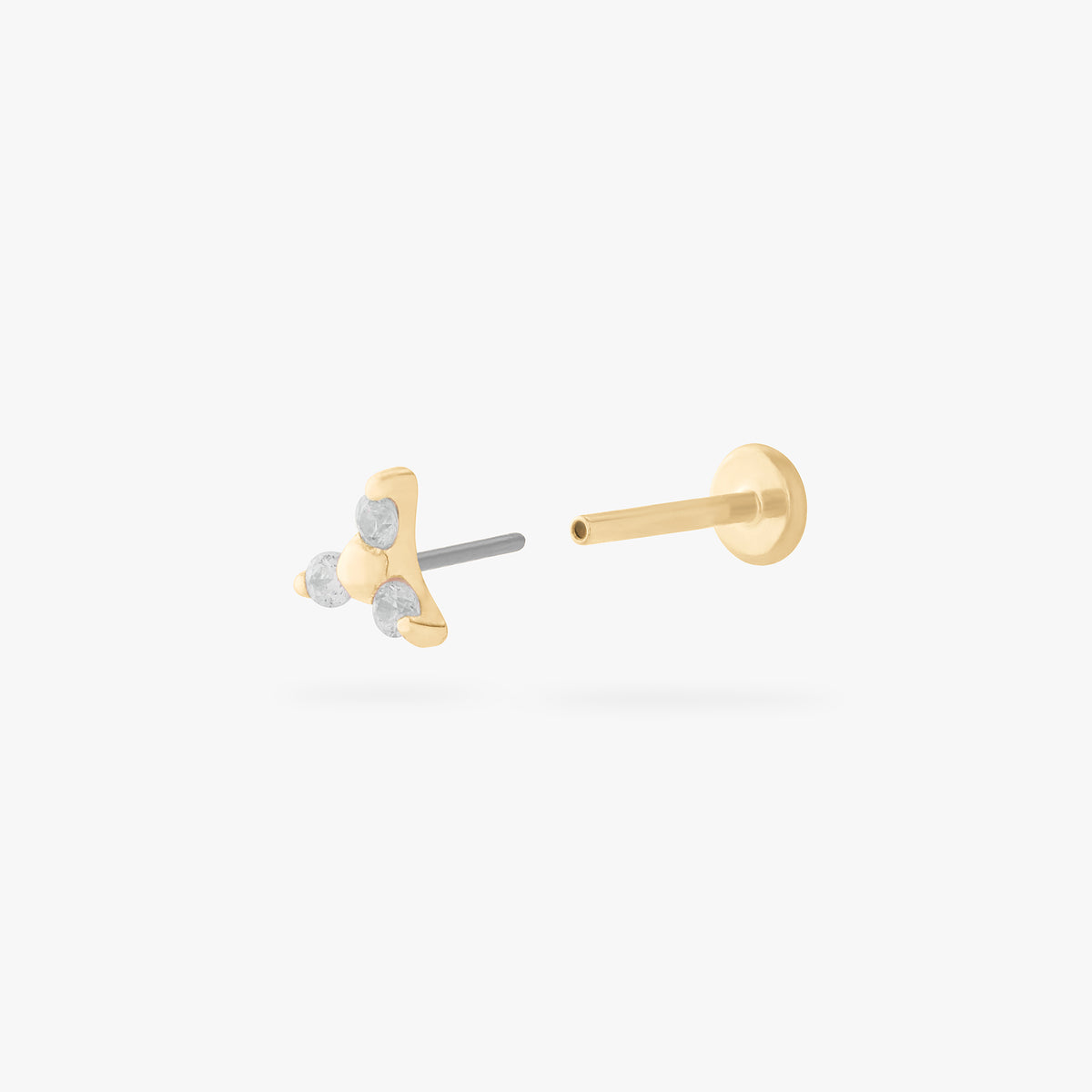 This is an image of a gold flatback stud that has 3 cz stones in the shape of a triangle. color:null|14k gold