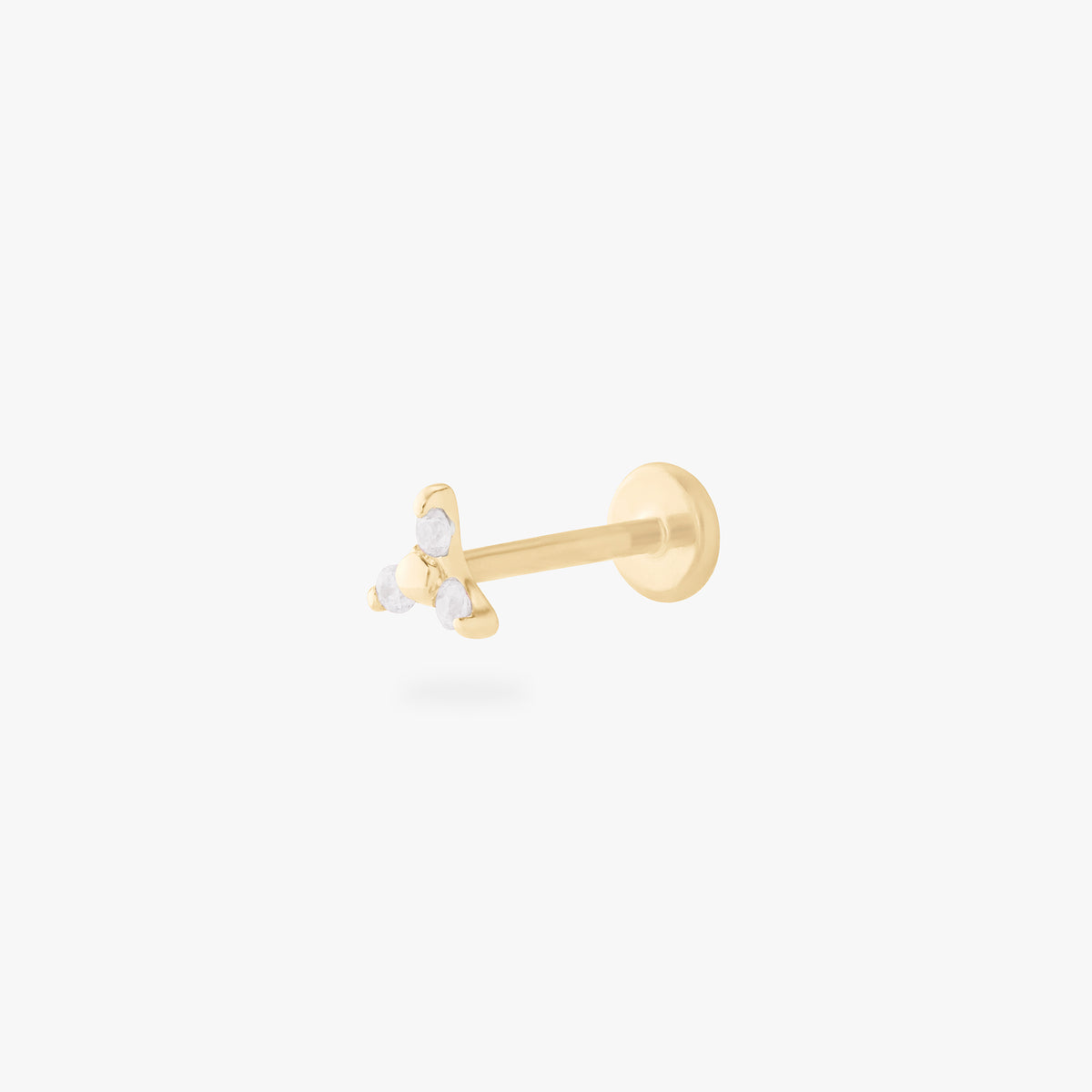 This is an image of a gold flatback stud that has 3 cz stones in the shape of a triangle. color:null|14k gold