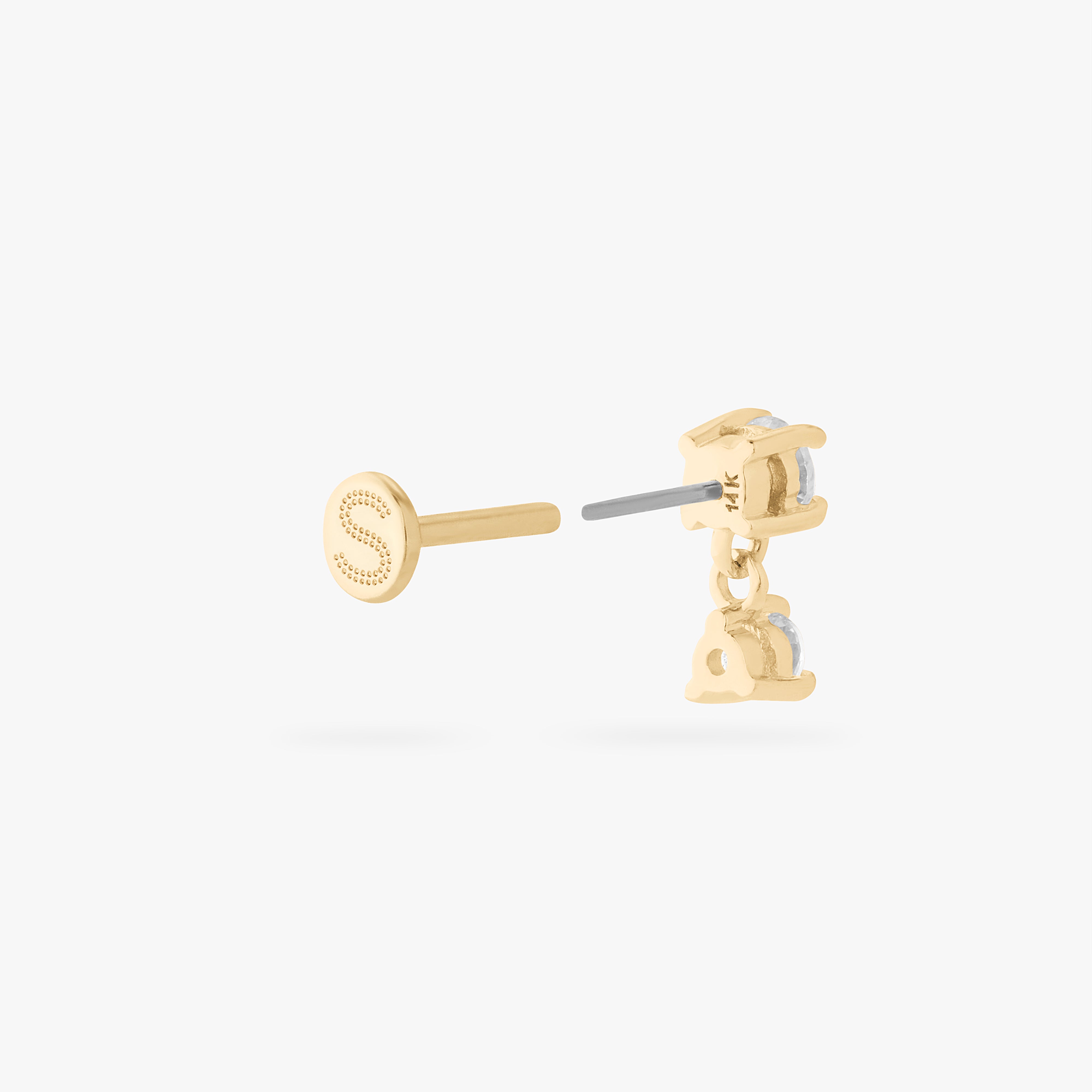 14k cz dangle flatback stud with 2 clear cz stones color:null|gold/clear