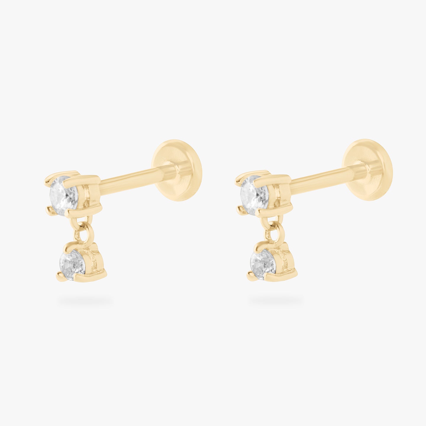 14k cz dangle flatback stud with 2 clear cz stones color:null|gold/clear