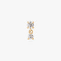 This image is a 14K gold flatback stud that features a larger crystal CZ stone with a smaller crystal CZ stone dangling from it against a white background.