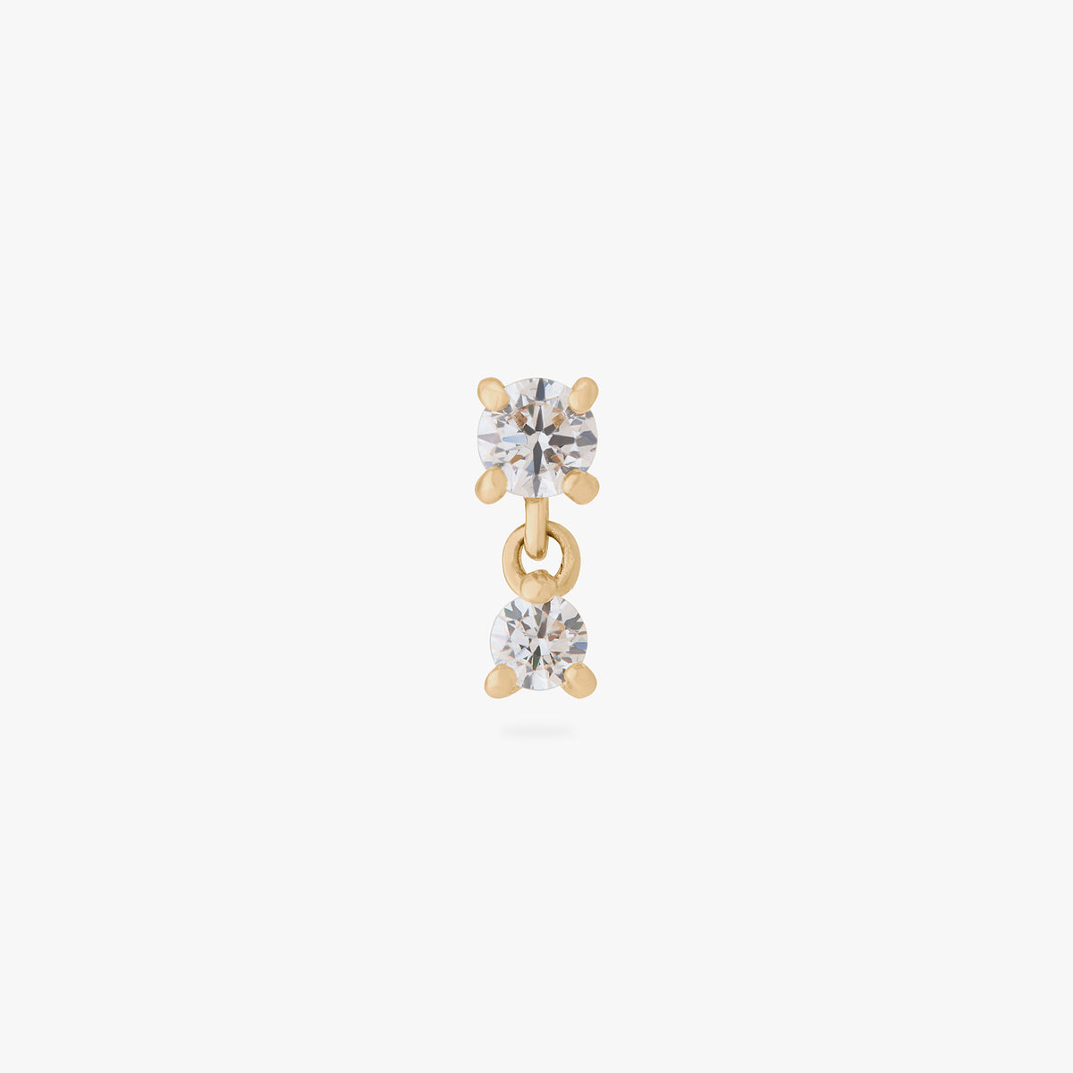 This image is a 14K gold flatback stud that features a larger crystal CZ stone with a smaller crystal CZ stone dangling from it against a white background.