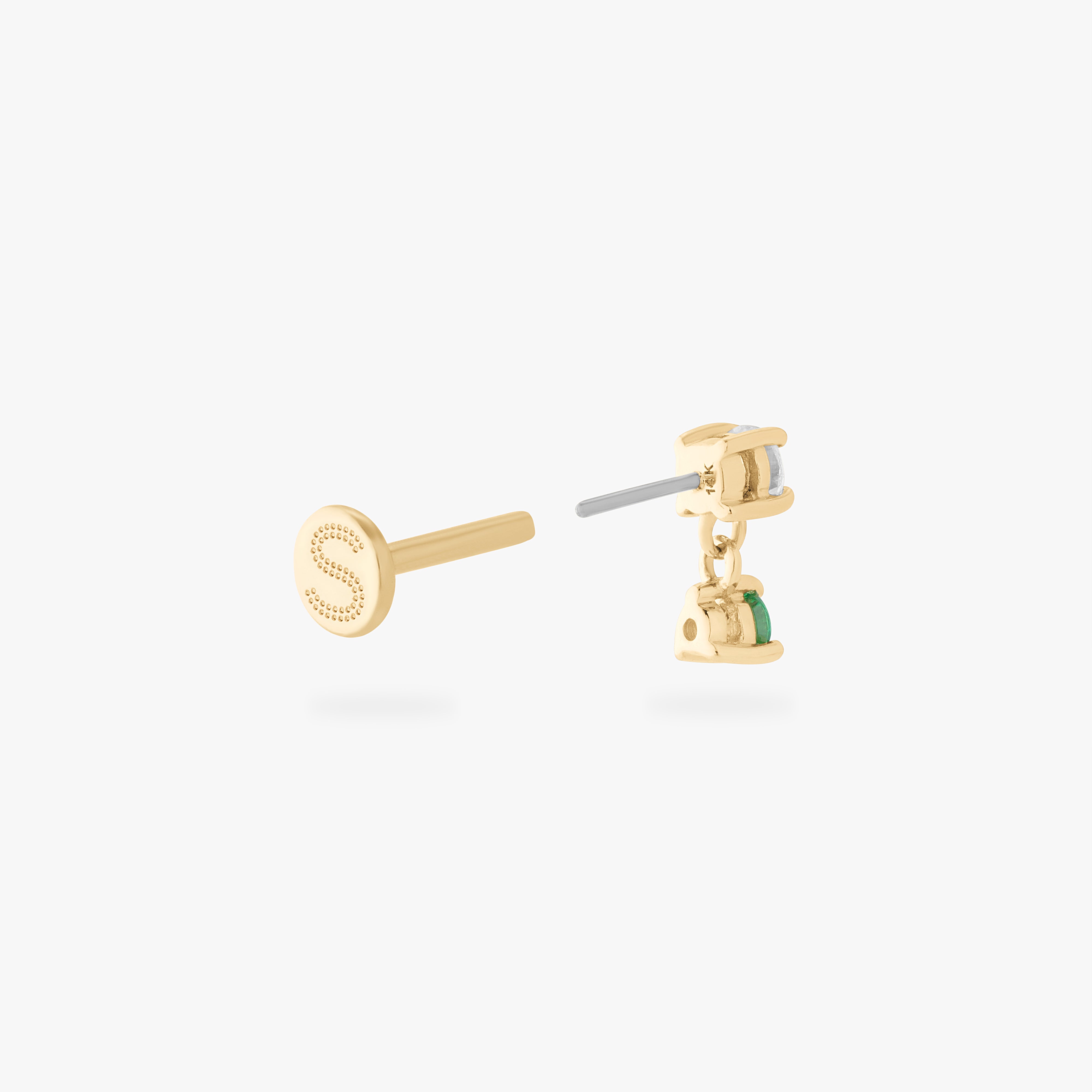 14k cz dangle flatback stud with a clear and green cz stone color:null|gold/green