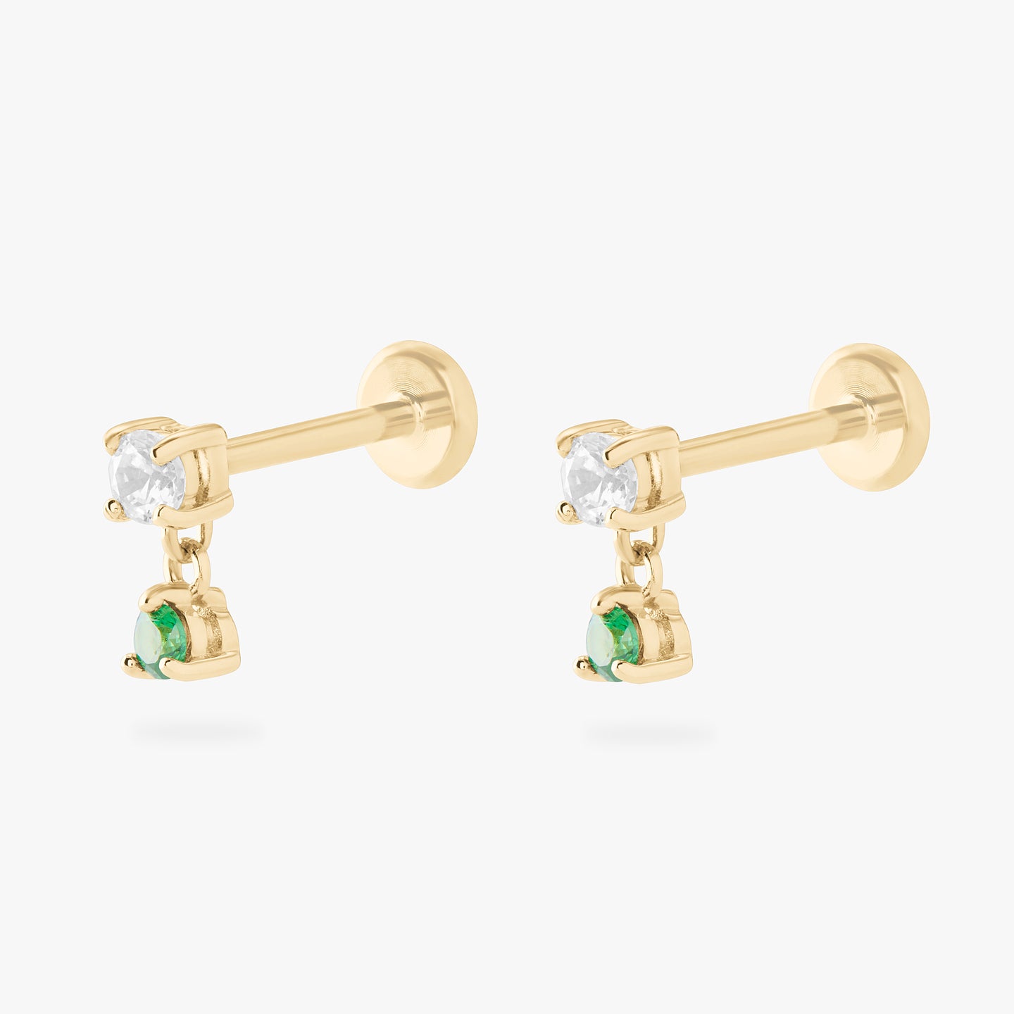 14k cz dangle flatback stud with a clear and green cz stone [pair] color:null|gold/green