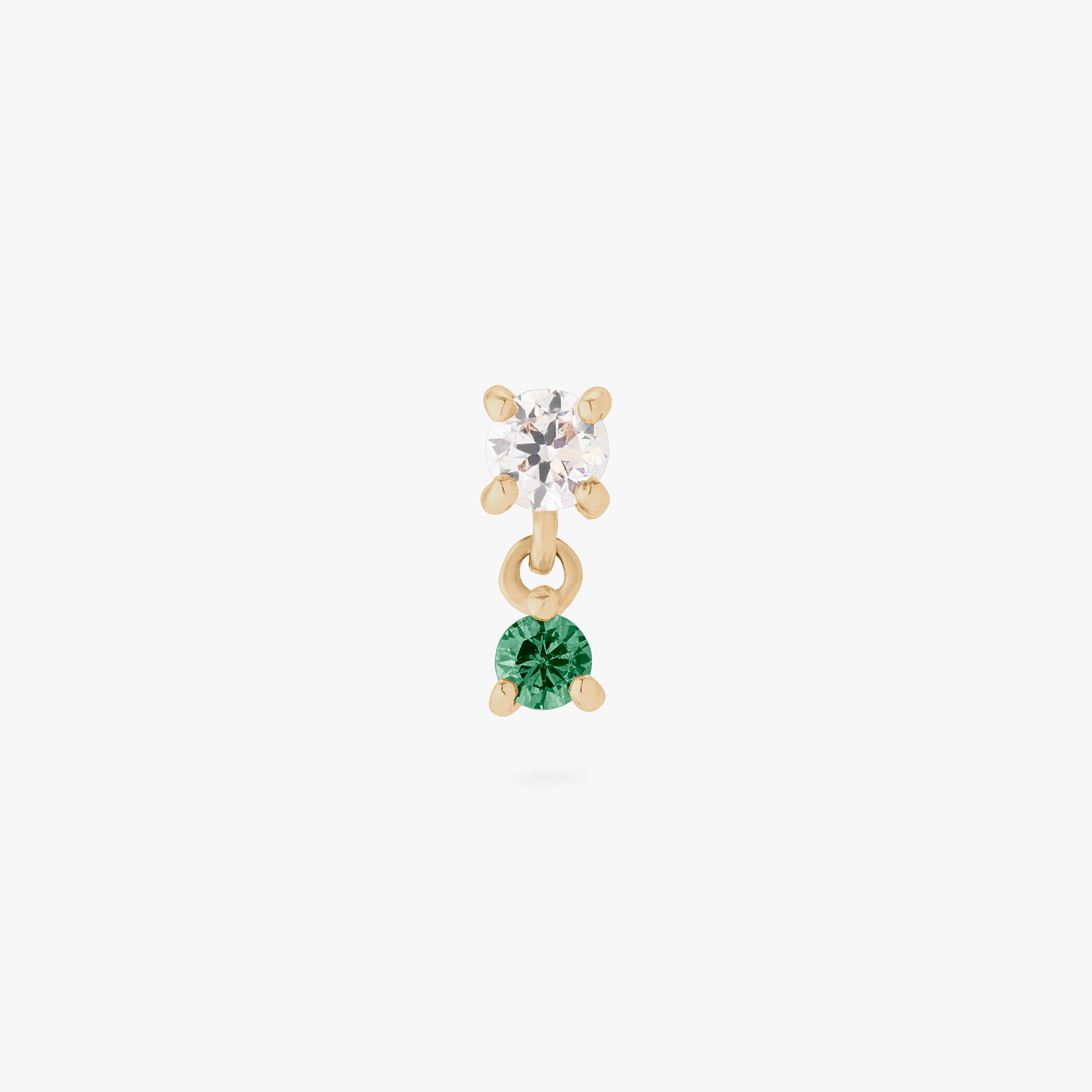 two dangling clear and green cz stones set in 14k gold for piercing color:null|gold/green