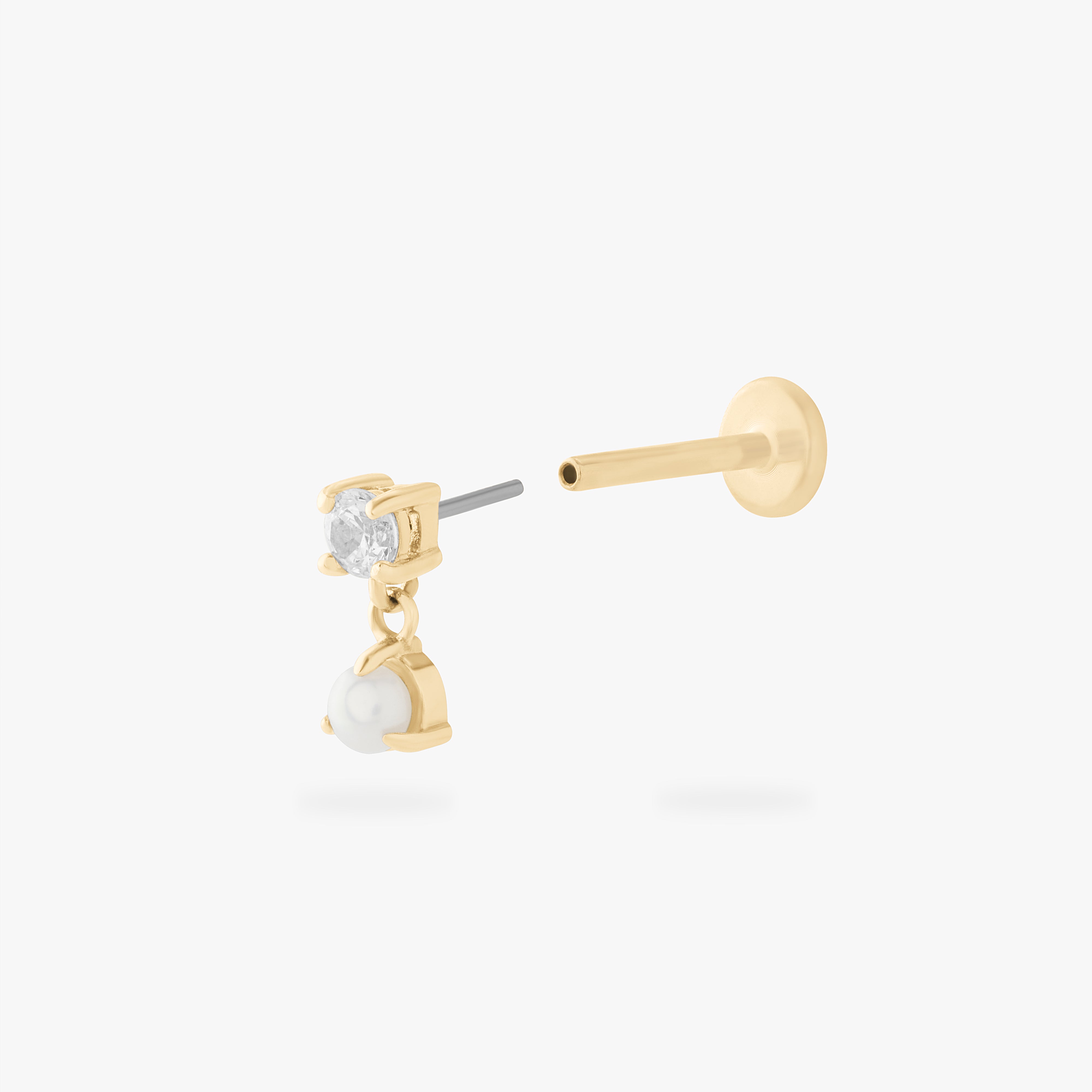 14k cz dangle flatback stud with a clear cz stone and freshwater pearl color:null|gold/pearl