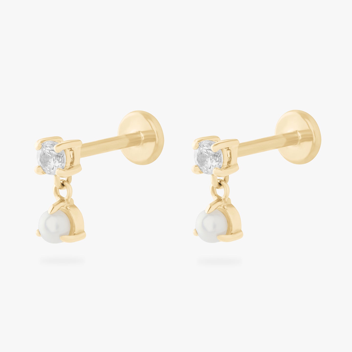 14k cz dangle flatback stud with a clear cz stone and freshwater pearl [pair] color:null|gold/pearl