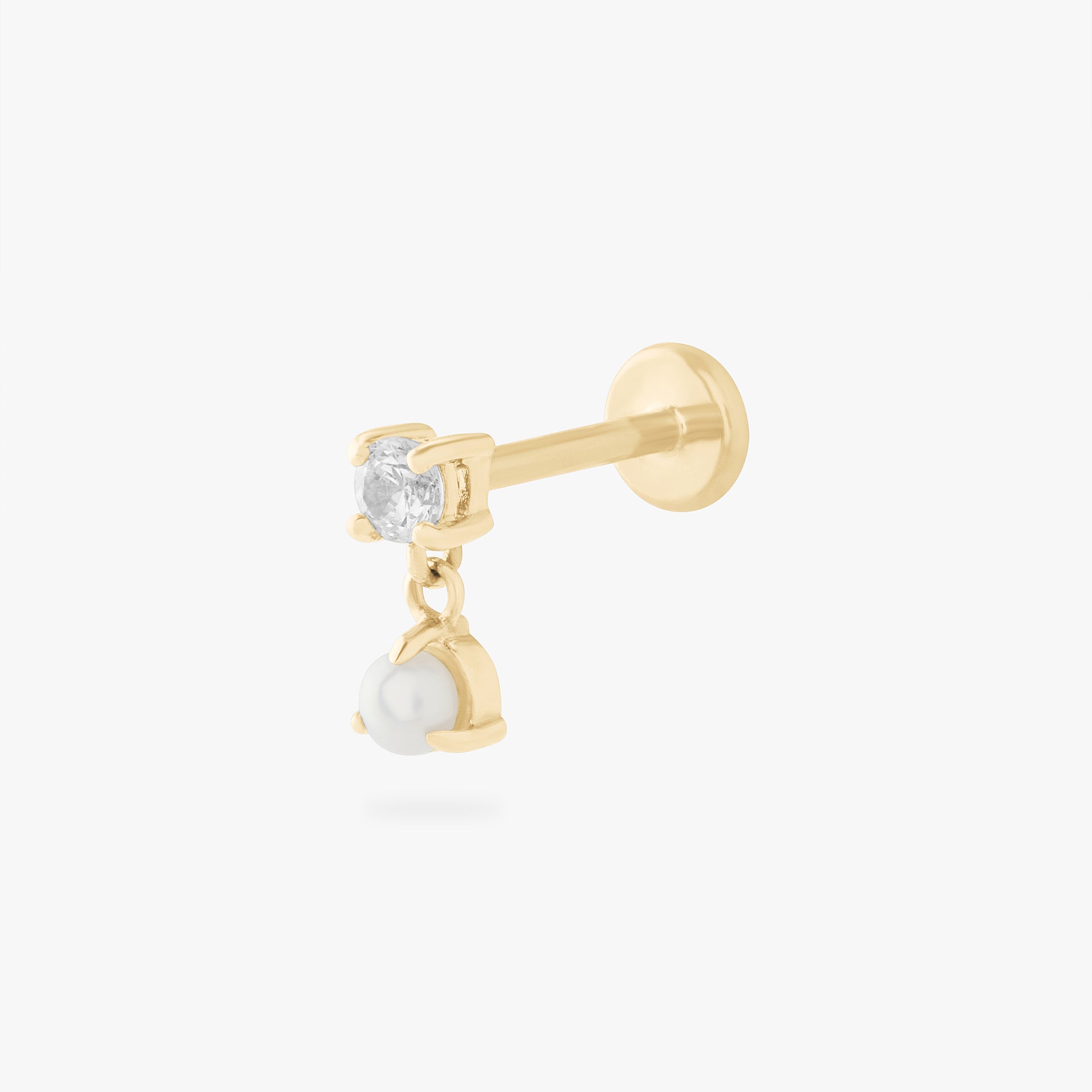 14k cz dangle flatback stud with a clear cz stone and freshwater pearl - Main view