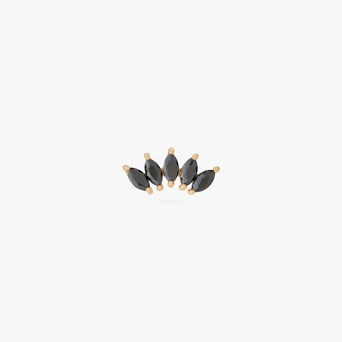 This image is a 14K gold flatback stud that features 5 marquise set black CZs in a crown shape on a white background.