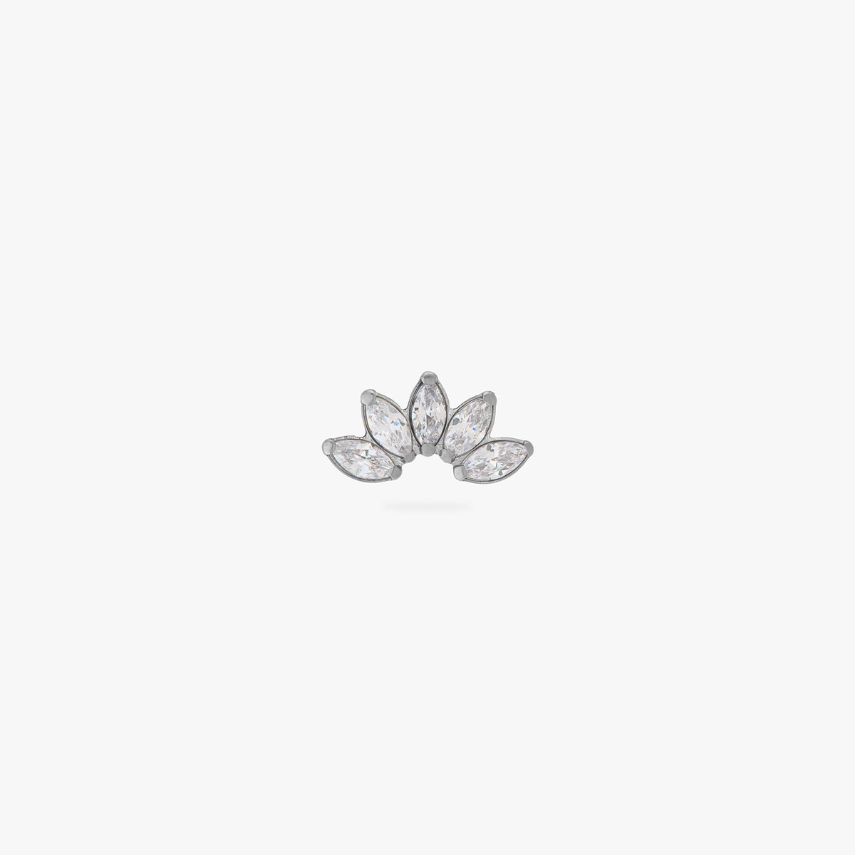 This image is a silver toned titanium flatback stud that features 5 marquise set crystal CZs in a crown shape on a white background. - Main view